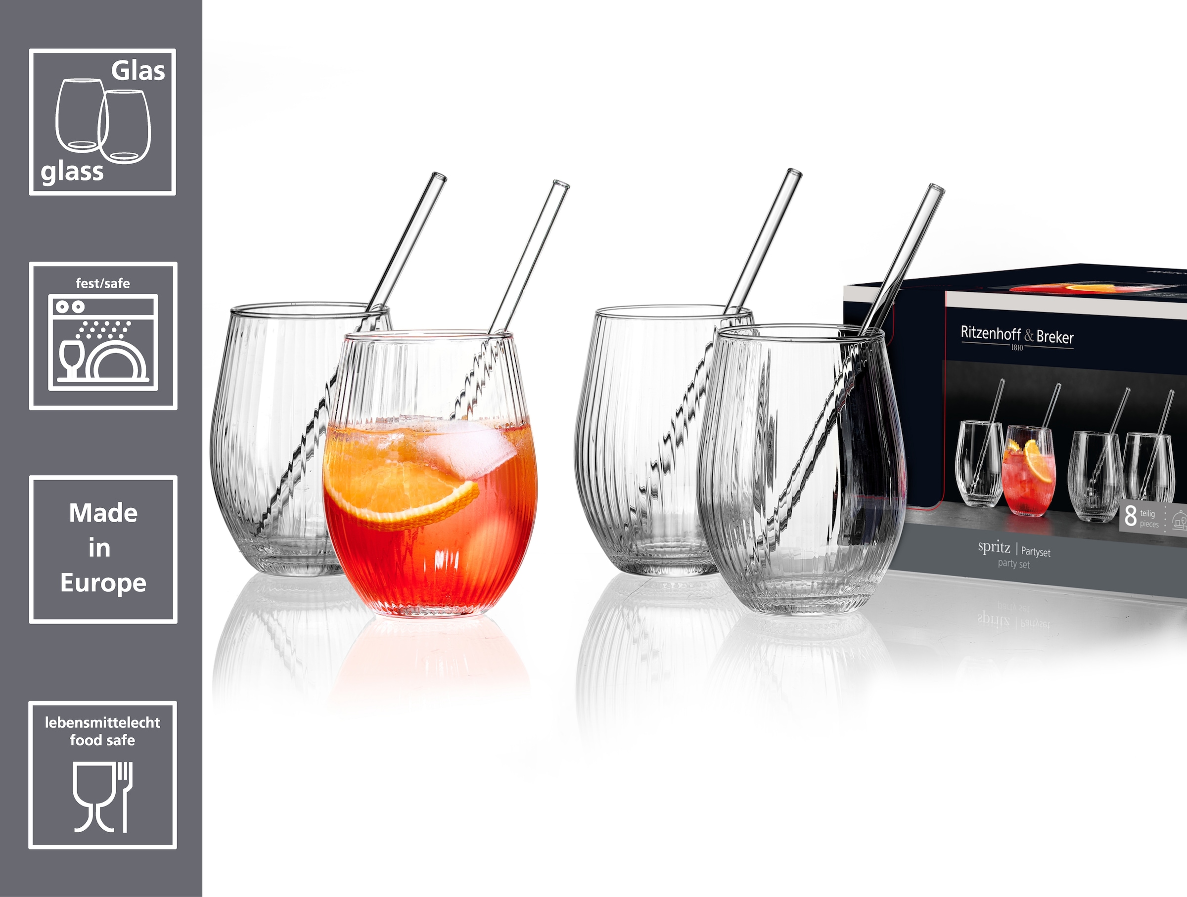 Ritzenhoff & Breker Gläser-Set »Spritz, Longdrinkglas« inkl. Glas-Trinkhalme, 590 ml, spülmaschinenfest