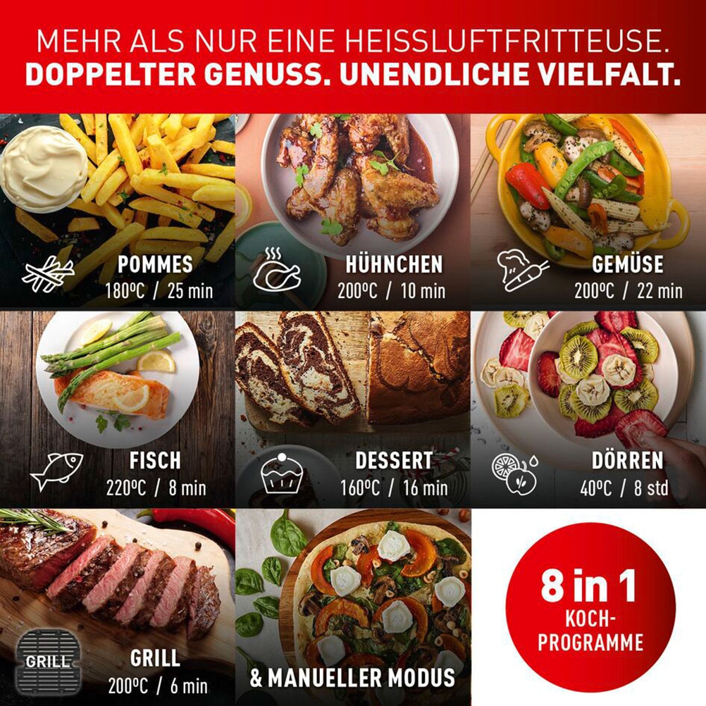 Tefal Heißluftfritteuse »EY905B Dual Easy Fry & Grill«, 2700 W, Doppelkammer Heissluftfritteuse, inkl. Hamburger Presse, EY905B