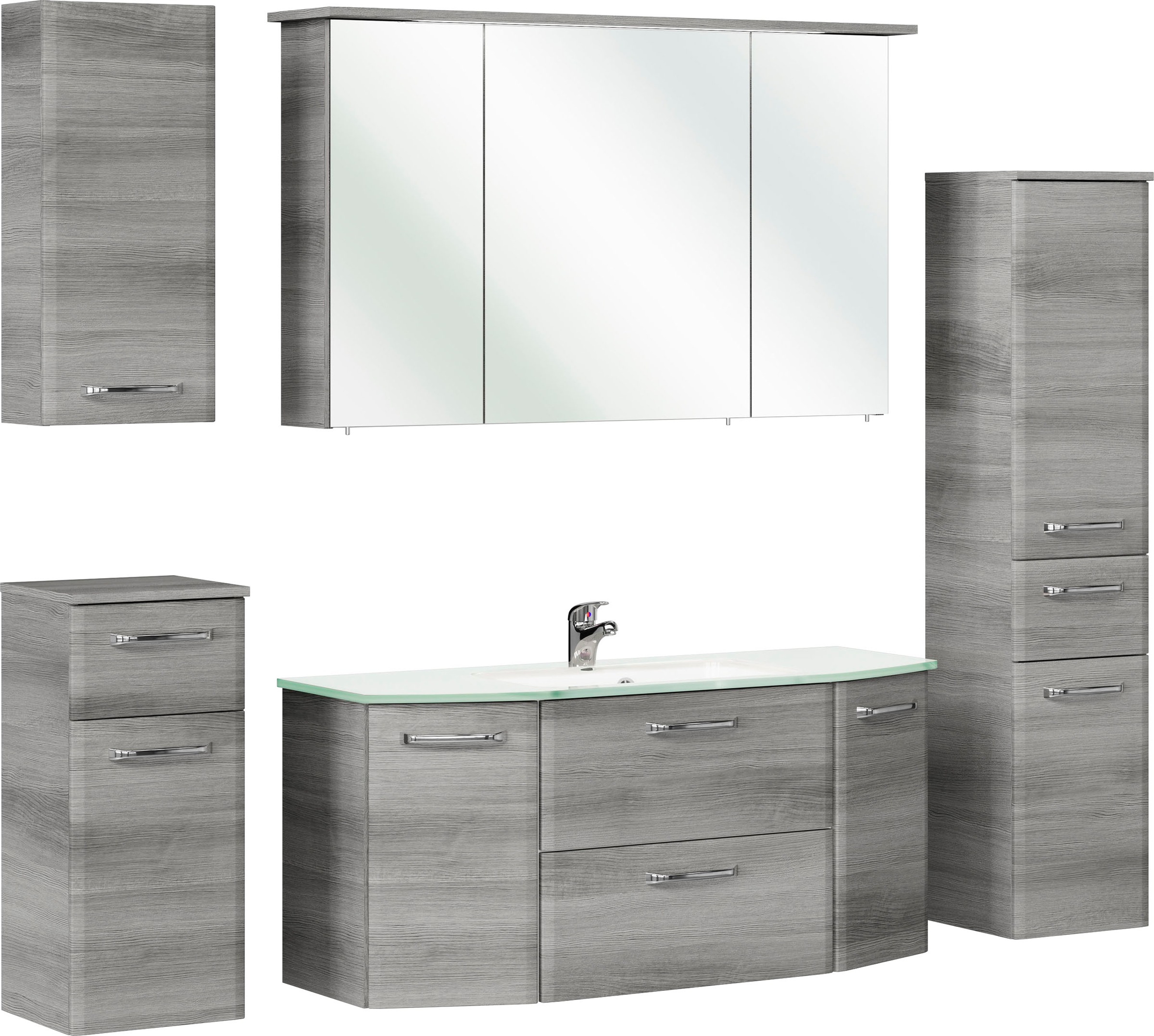 Saphir Badmöbel-Set »Quickset 5-teilig Glas-Waschtisch mit LED-Spiegelschrank, Bad-Set« 6 Stk. tlg.