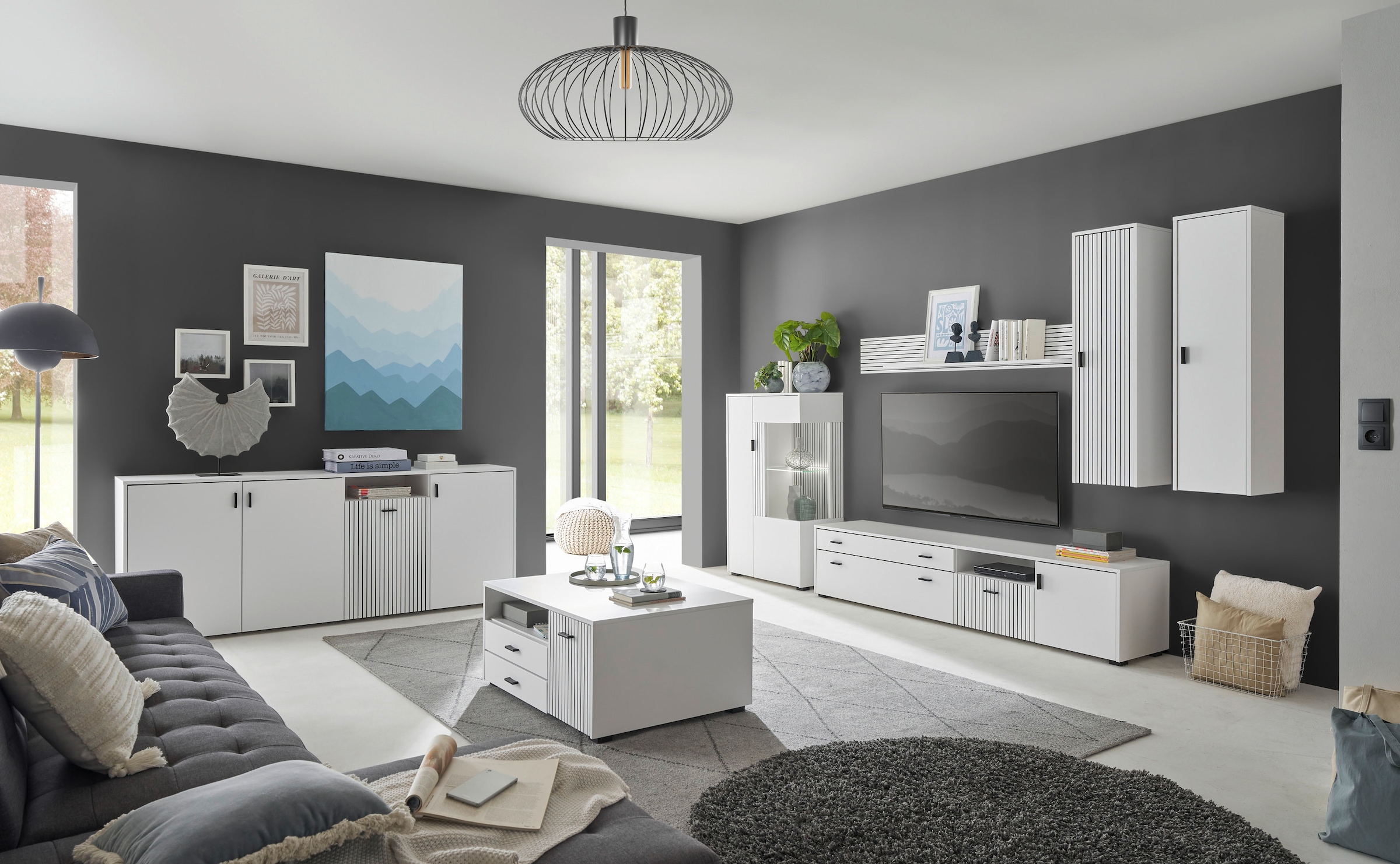 INOSIGN Wohnwand »HUDSON«, (Set, 5 St.), mit moderner Rillenoptik, Griffe aus Metall (Schwarz), Breite 328 cm