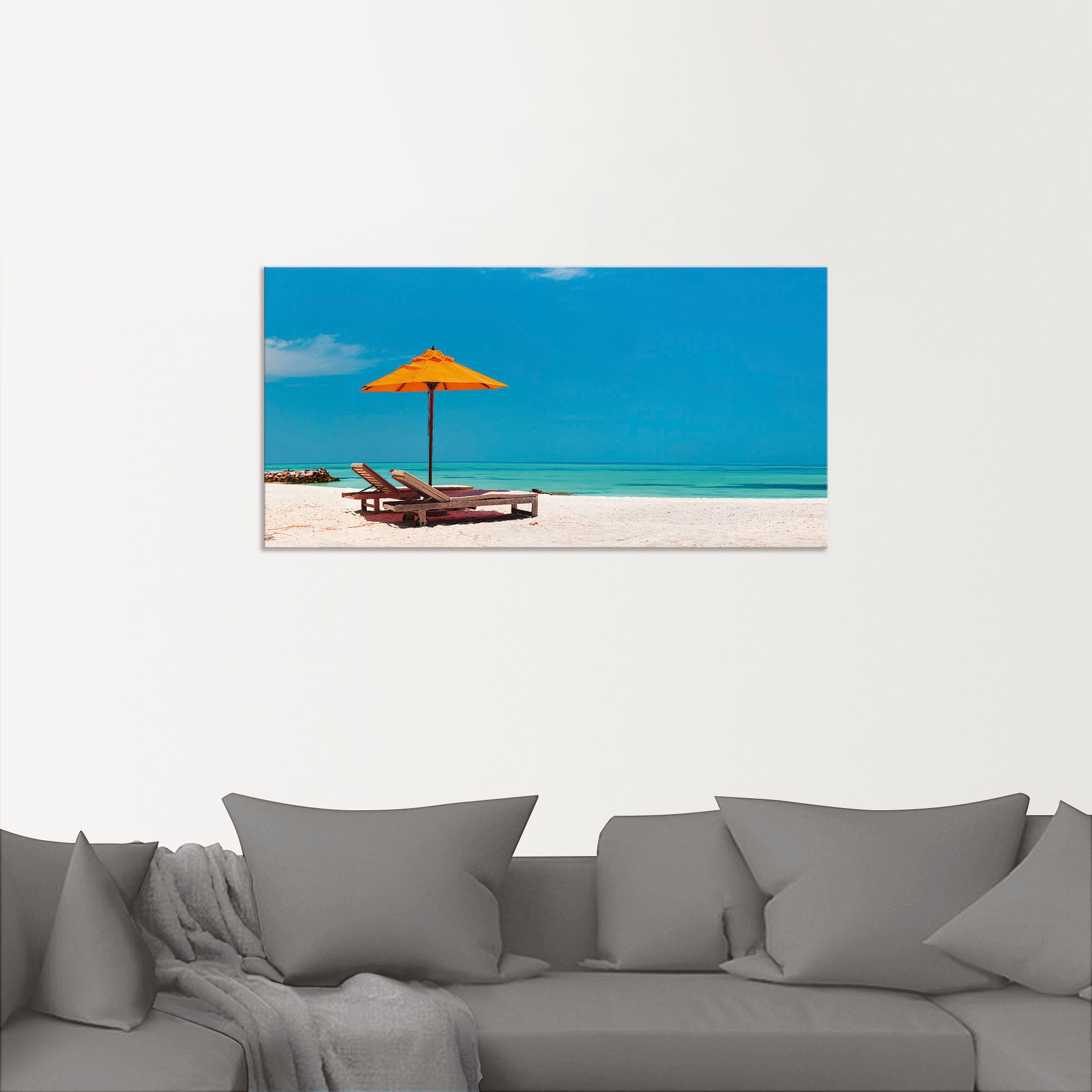 Artland Wandbild »Liegestuhl Sonnenschirm Strand Malediven«, Strand, (1 St.), als Alubild, Outdoorbild, Leinwandbild, Poster, Wandaufkleber