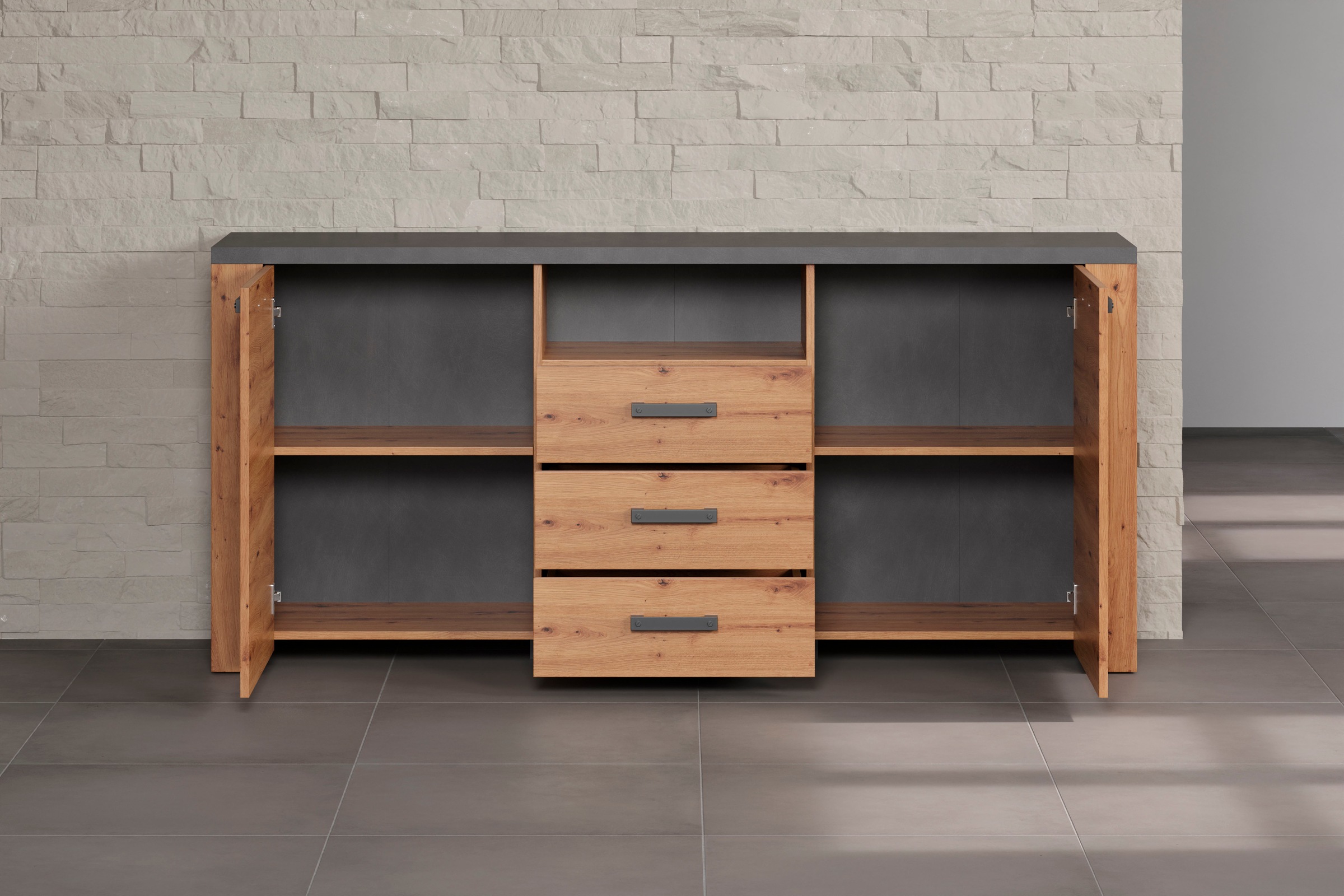 Home affaire Sideboard »Ambres«, (1 St.), Kommode Echtholzoptik, Maße BxH: 180x83 cm, Eiche