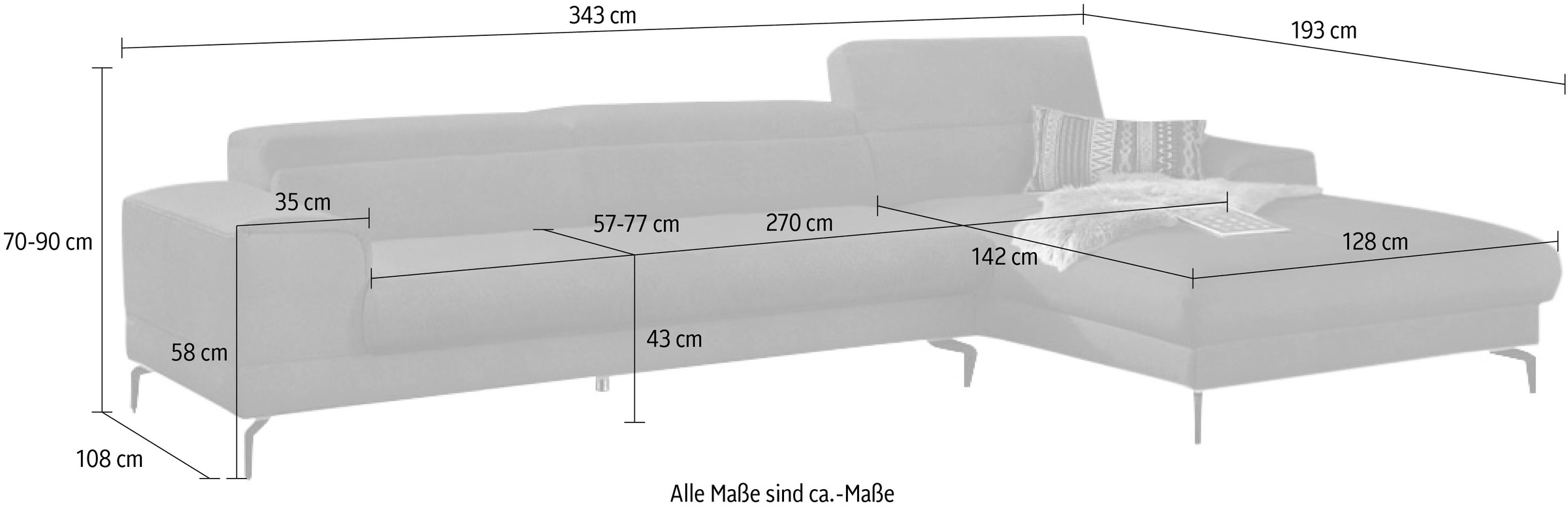 W.SCHILLIG Ecksofa »piedroo, Designsofa mit tollem Sitzkomfort, bequem, L-Form«, Kopfteilverstellung, wahlweise mit Sitztiefenverstellung, Breite 343cm