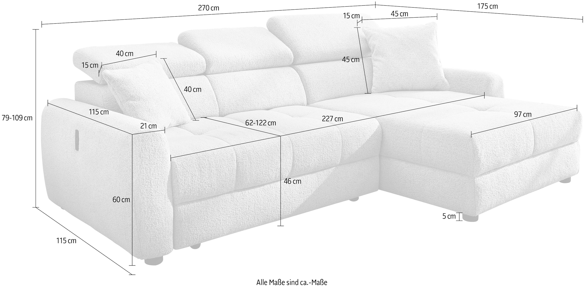 Jockenhöfer Gruppe Ecksofa »Move L-Form, B: 270 cm, mit 60 cm elektr. Sitztiefenverstellung« 140kg Belastbarkeit je Sitz, Kopfteilverstellung & USB-Anschluss
