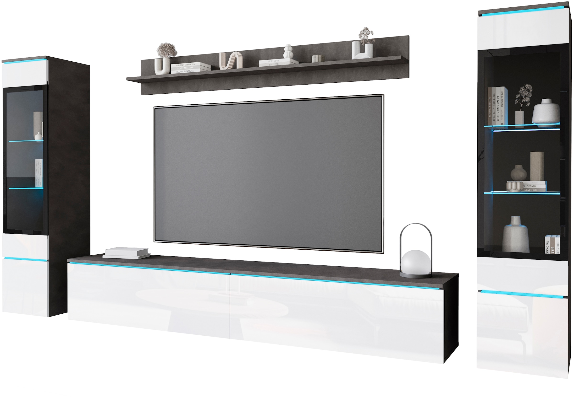 INOSIGN Wohnwand »VERA II, Vitrinen Türanschlag wechselbar«, (Komplett-Set, 4 St.), Vitrine mit Verglasung, stehend und hängend, inklusive Beleuchtung