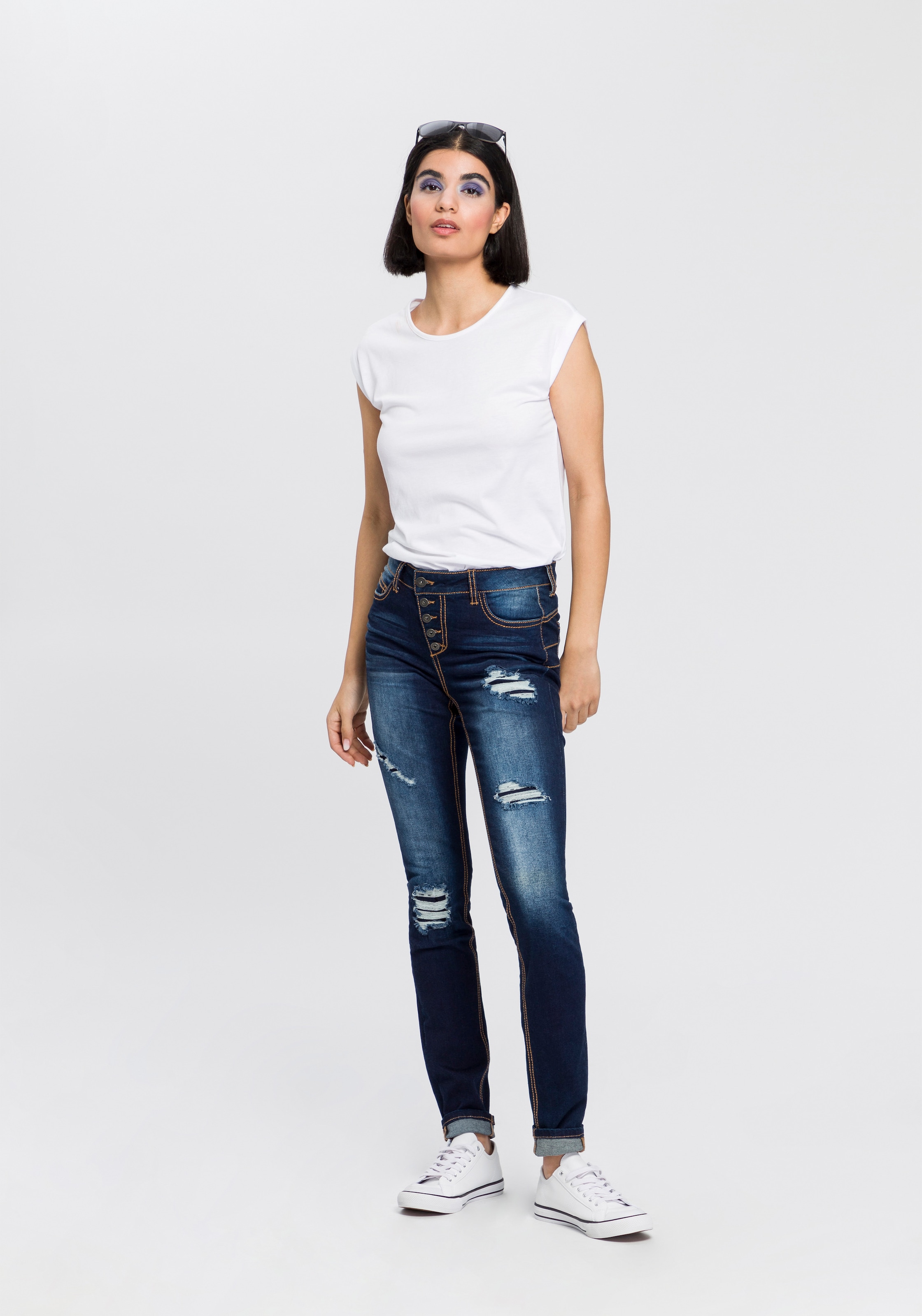 schräger online Mid Waist sichtbarer, Knopfleiste«, Arizona Slim-fit-Jeans »mit bestellen