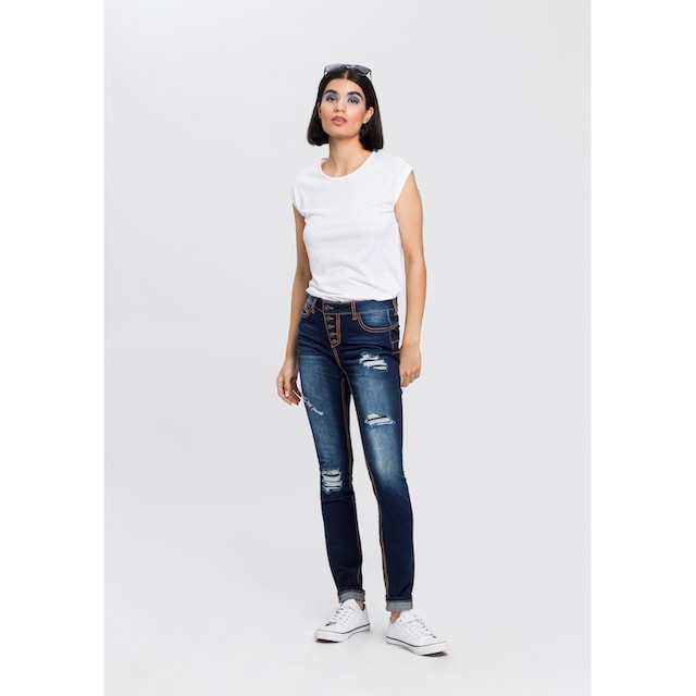 Arizona Slim-fit-Jeans »mit sichtbarer, schräger Knopfleiste«, Mid Waist  online bestellen