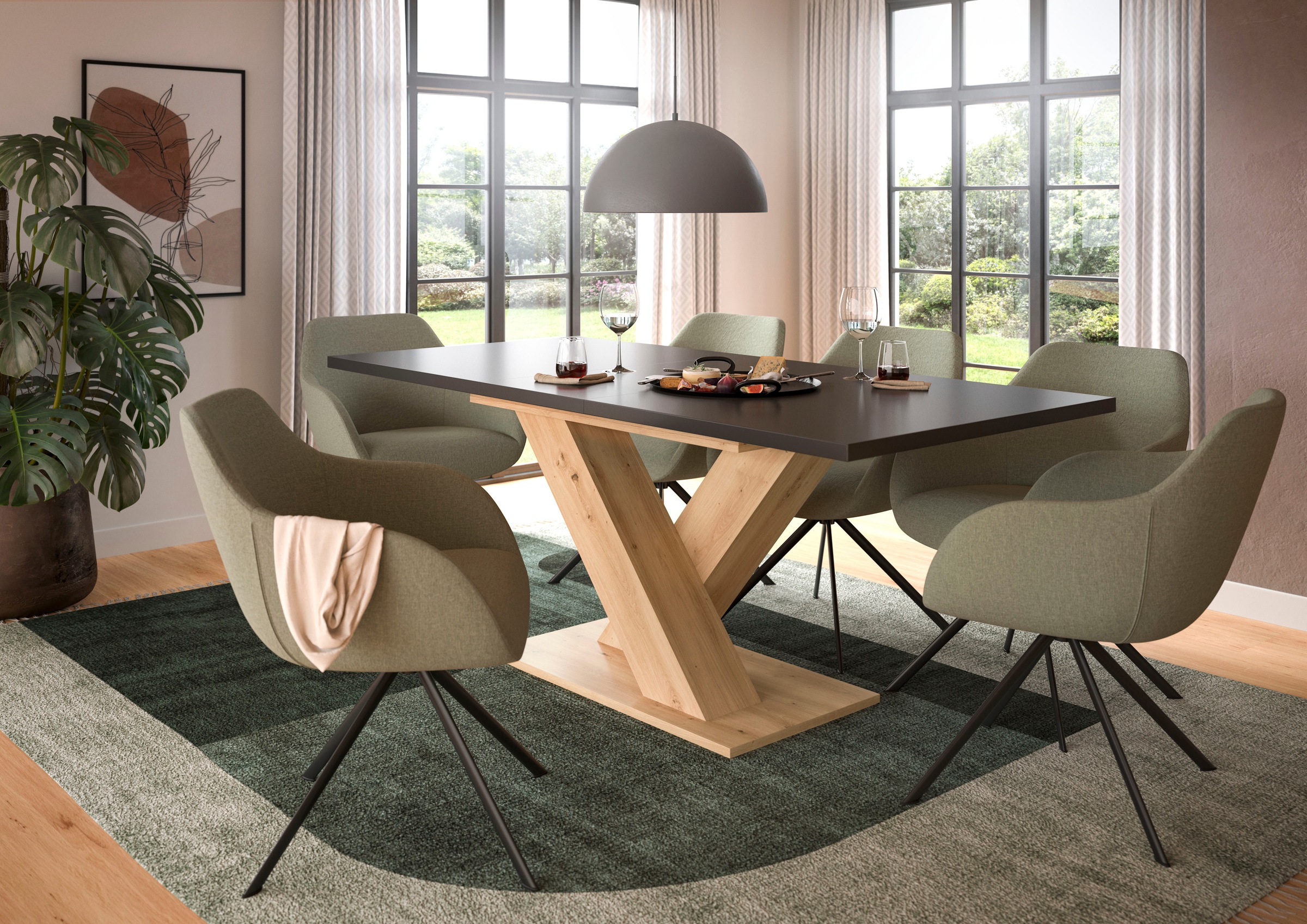 INOSIGN Esstisch »Motus, ausziehbar 150 -190 cm, inklusive 40 cm Einlegeplatte«, (Set, 1 St.), X-Gestell mit Bodenplatte, Tisch, Küchentisch, Esszimmer, Küche
