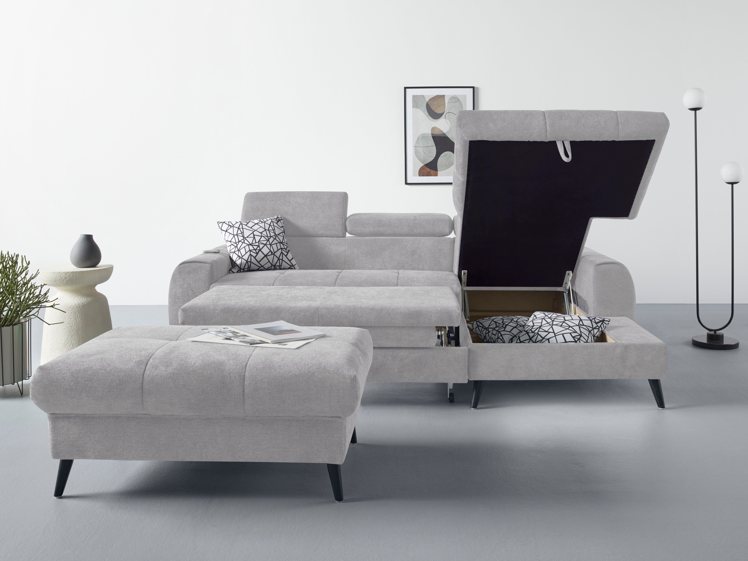 COTTA Ecksofa »Mia L-Form mit 3 Zierkissen«, wahlweise mit Bettfunktion, Bettkasten, Beleuchtung & Wireless-Charger