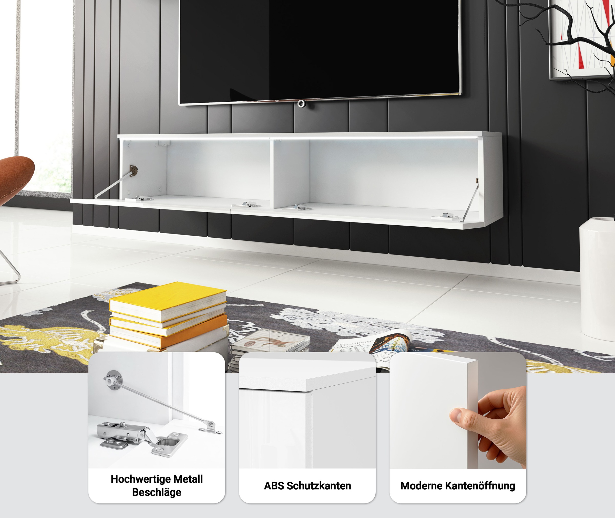 INOSIGN Lowboard »LOWBOARD D, wahlweise mit oder ohne Beleuchtung«, modernes TV-Board ohne Griffe, mit viel Stauraum,stehend und hängend