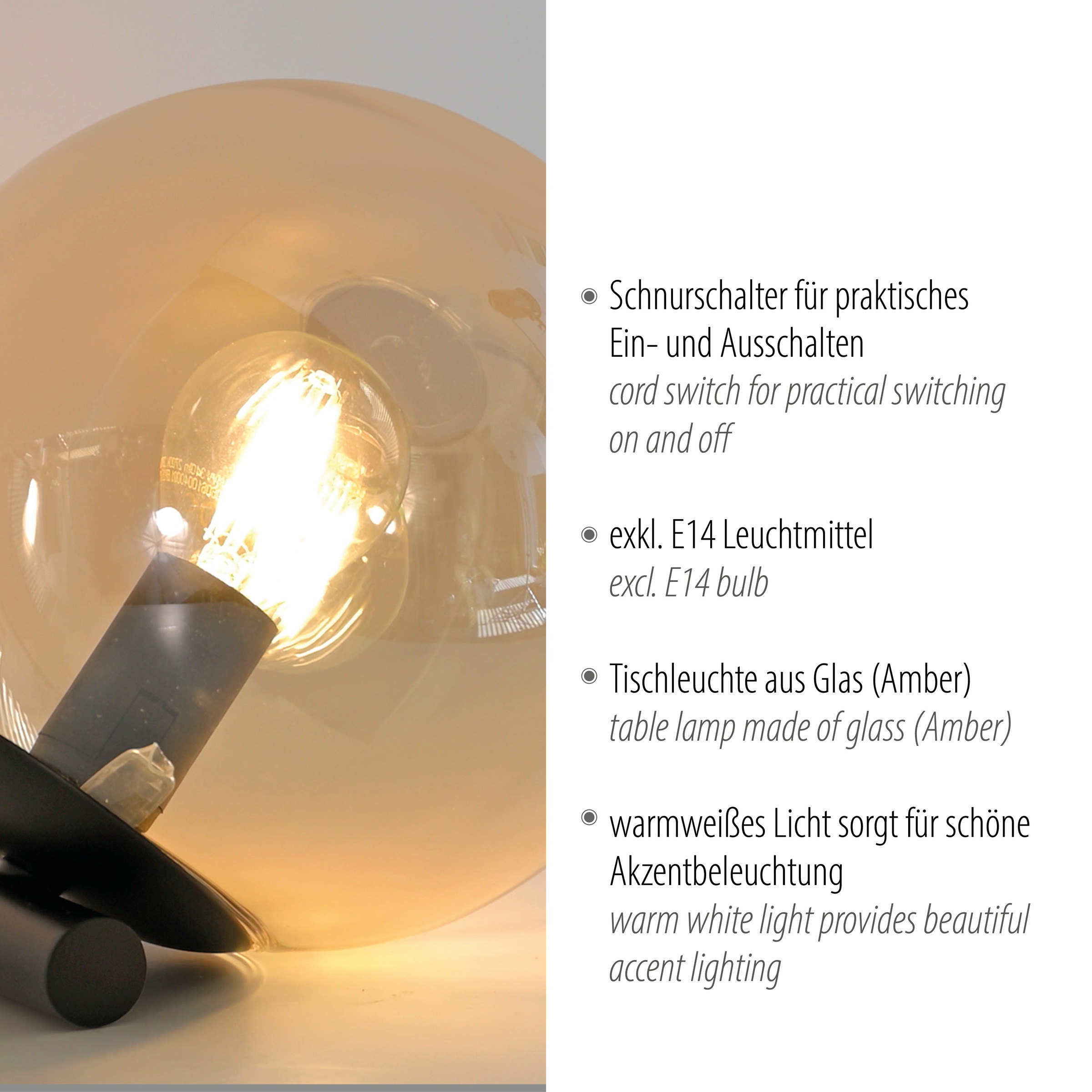 andas Tischleuchte »Nymölla«, 1 flammig, Leuchtmittel E14 | ohne Leuchtmittel, Tischleuchte mit großer Glaskugel, amberfarben oder opal matt weiß