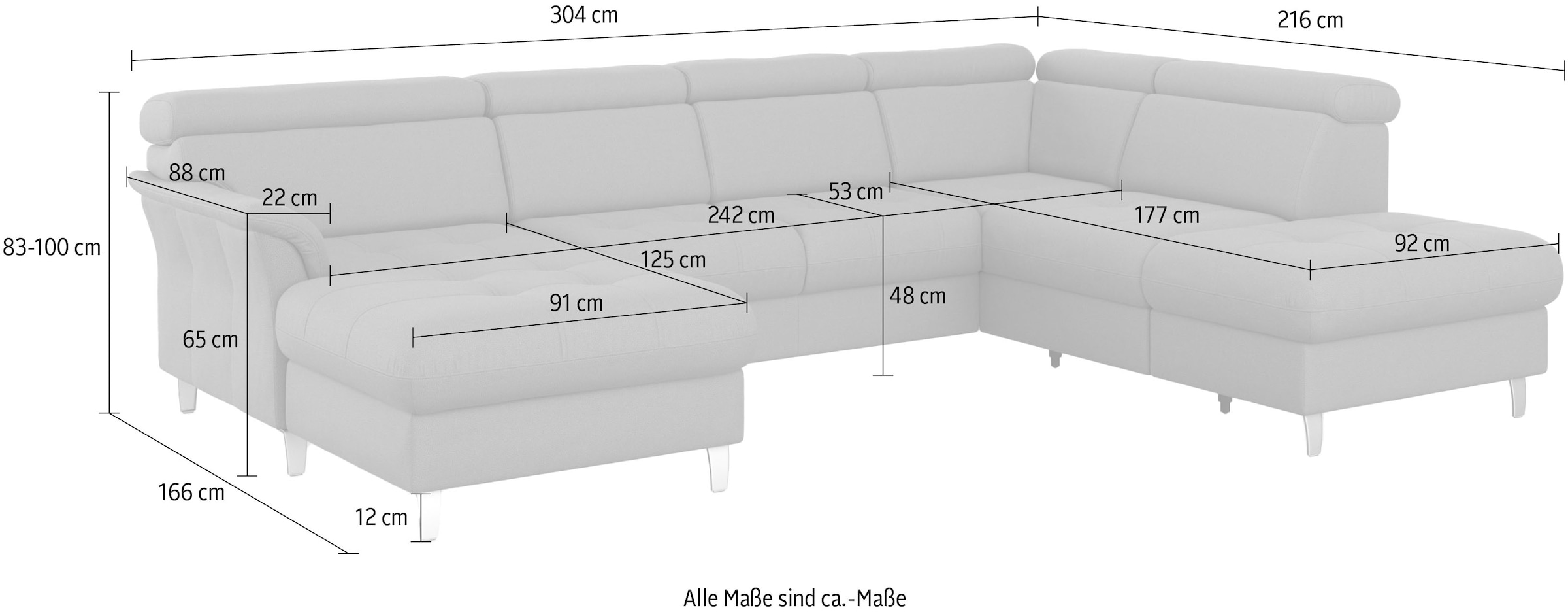 sit&more Wohnlandschaft »Marano U-Form«, inklusive Kopfteilverstellung, wahlweise mit Bettfunktion, Bettkasten