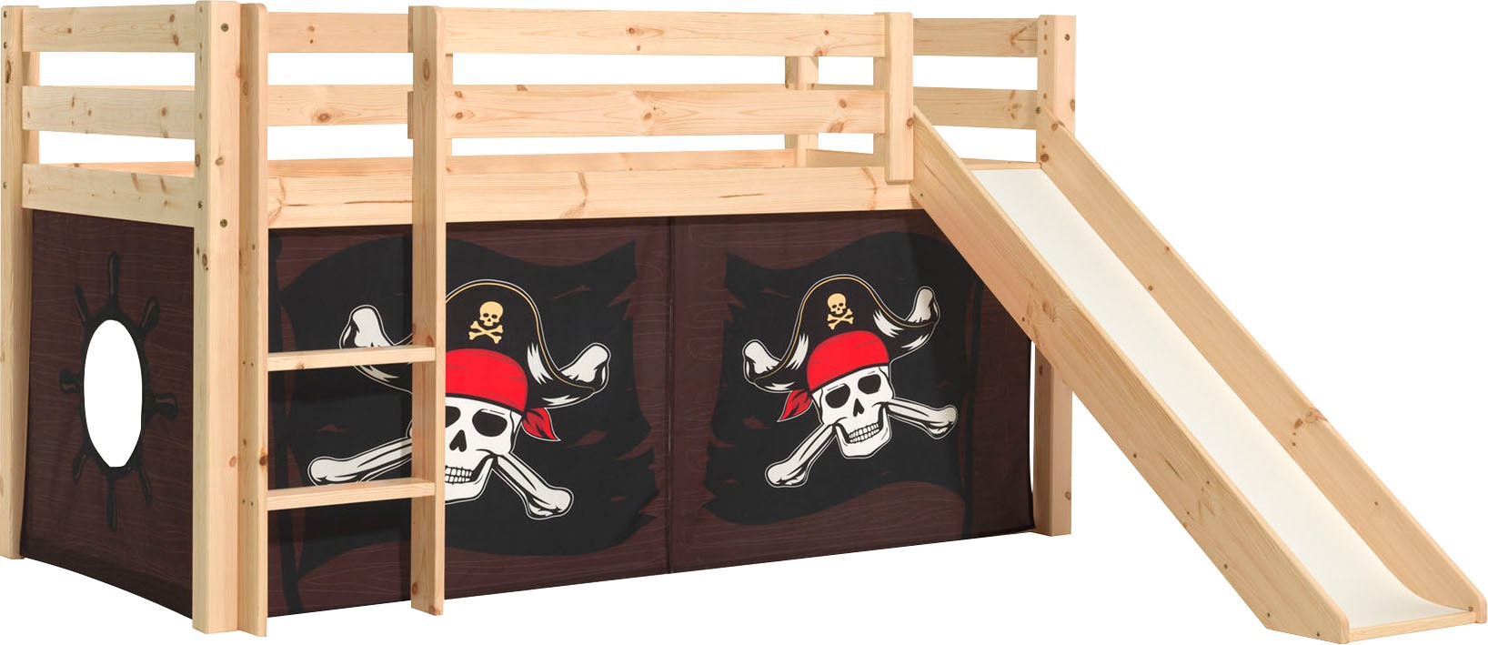 Vipack Spielbett »Vipack Pino«, (Made in Europe), Hochbett mit Textil-Set, inkl. Rolllattenrost, Leiter und Rutsche