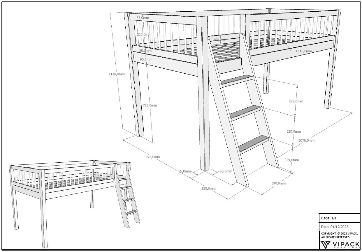 Home affaire Spielbett, (Made in Europe), aus massiver Eiche geölt, LF 90x2000cm, RR, Leiter u. Absturzschutz