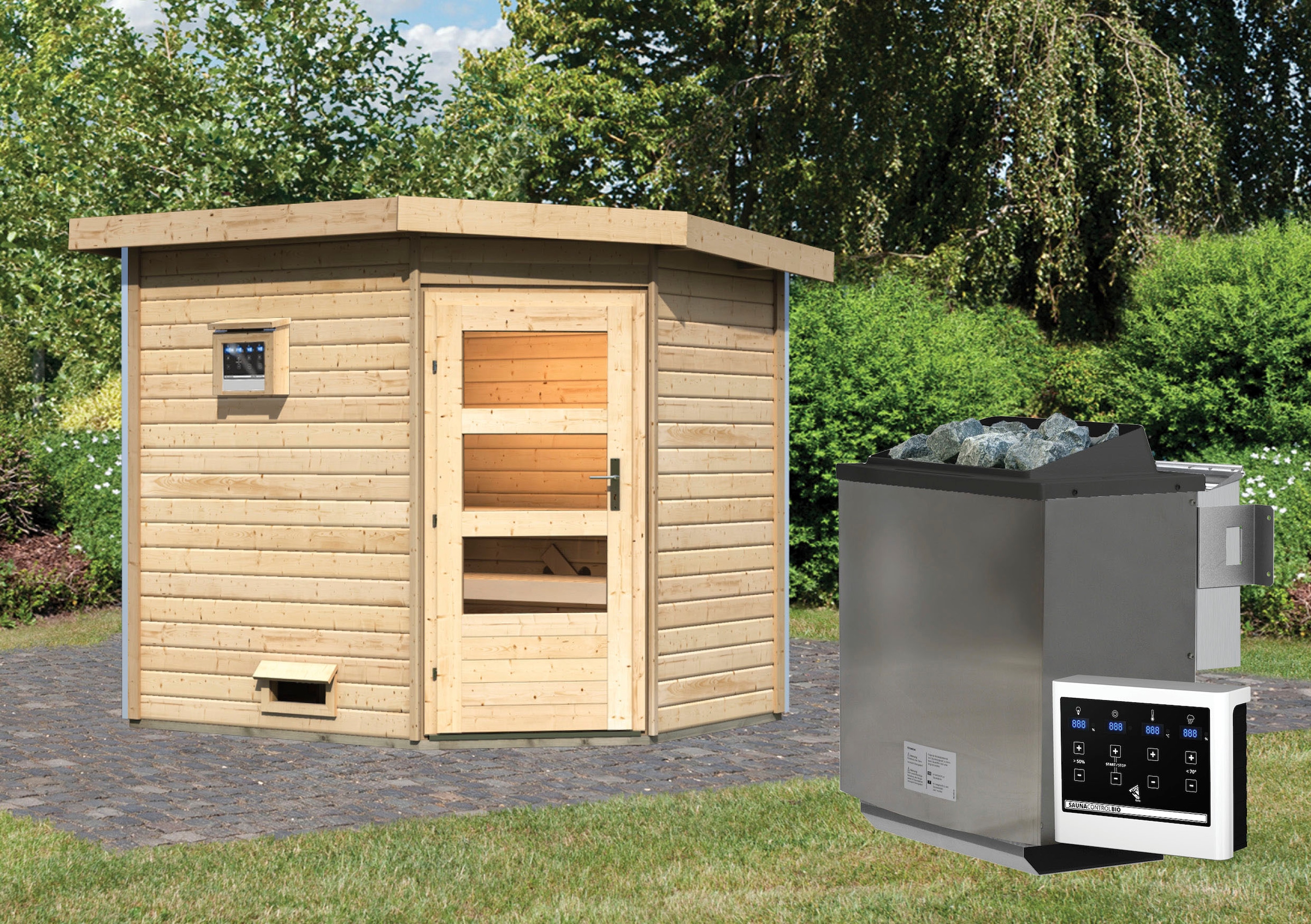 Karibu Saunahaus »Tore«, moderne Tür, Ofen 9 kW Bio externe Strg easy