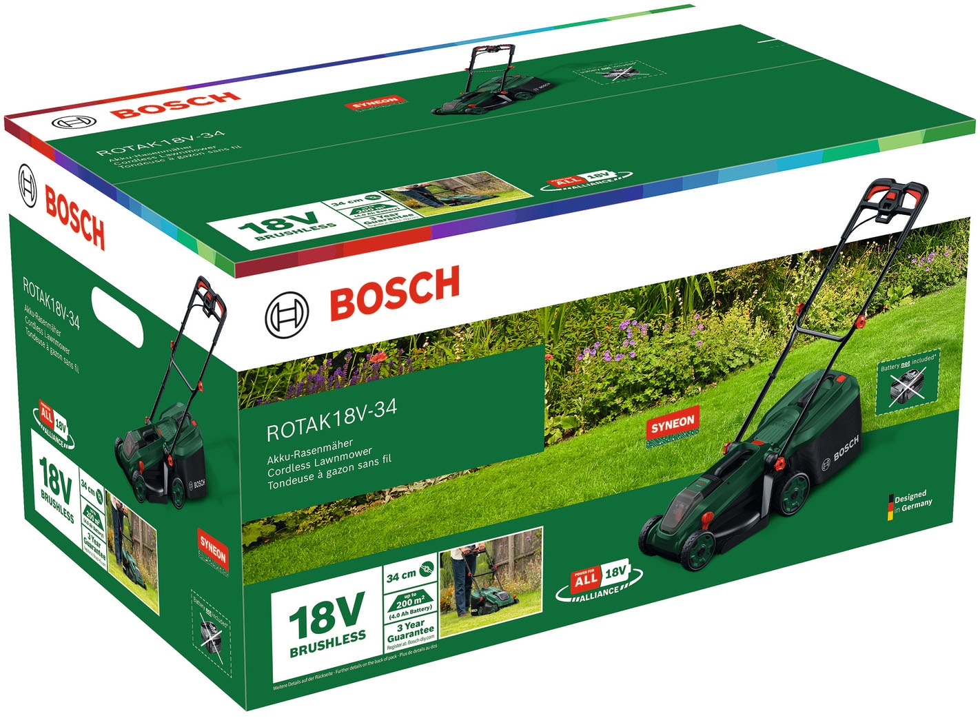 Bosch Home & Garden Akkurasenmäher »ROTAK18V-34« Kraftvoller 3-in-1-Mäher für kleine bis mittelgroße Rasenflächen
