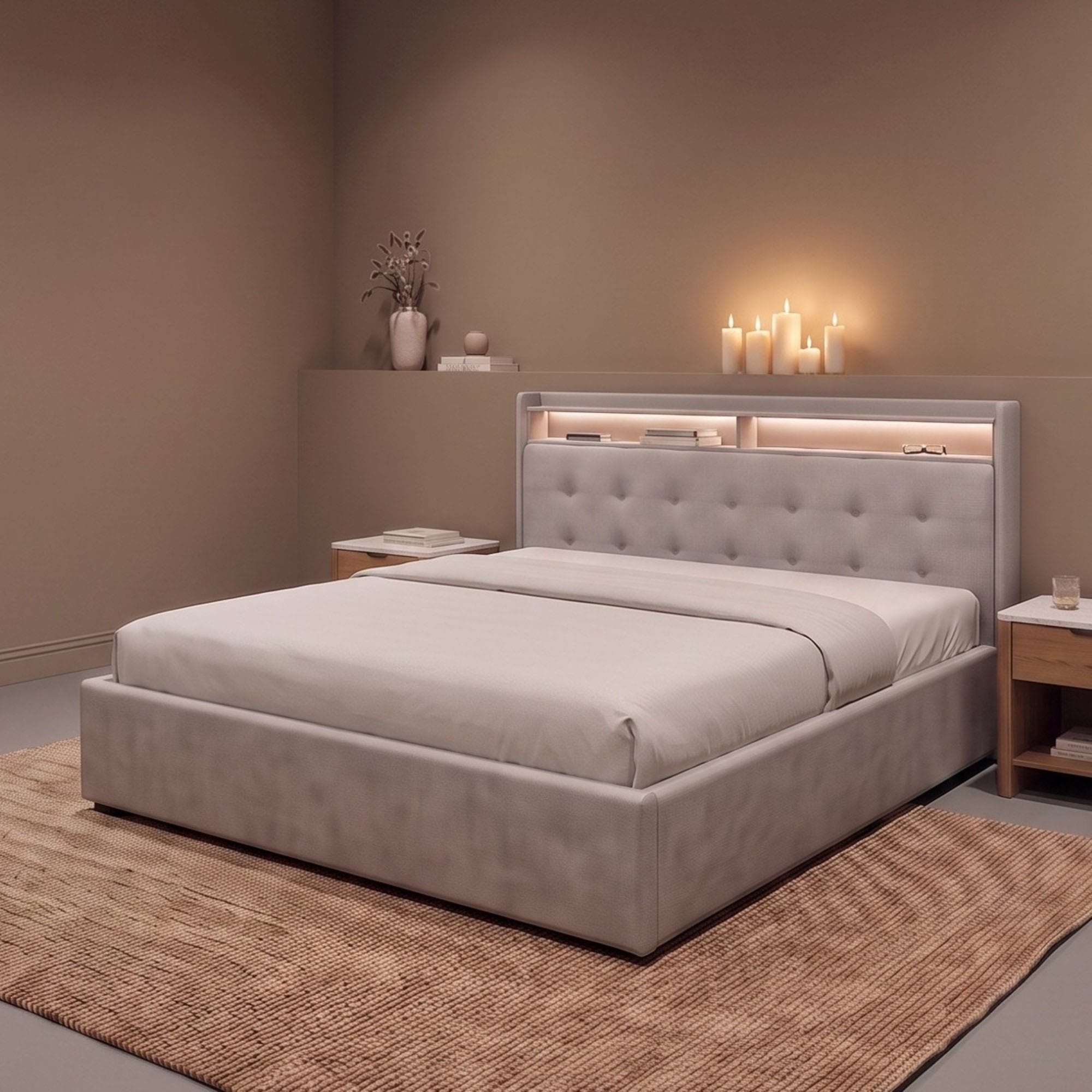 OTTO home Polsterbett »Hamar, beleuchtetes Regal, USB/ USB-C, bis 250 KG belastbar« LED-Licht und USB und USB-C Ladegerät im Kopfteil, Knopfsteppung