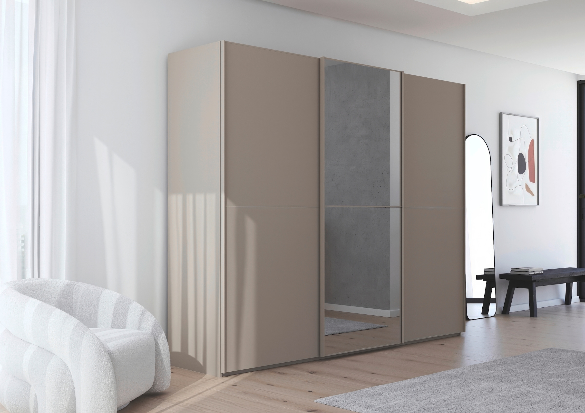 rauch Schwebetürenschrank »Kleiderschrank Schrank Garderobe Schlafzimmerschrank SCALE-DUO«, edle zweigeteilte Türen, Spiegel und 3 Zierleisten MADE IN GERMANY