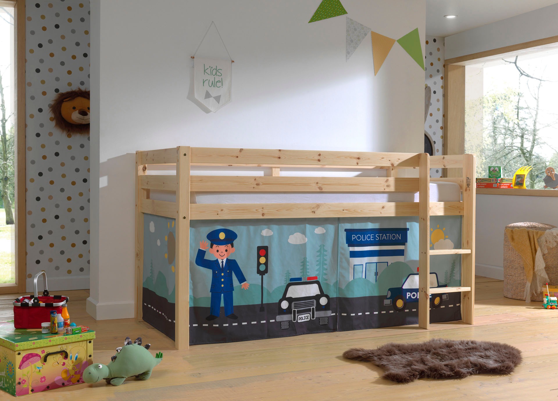Vipack Spielbett »Pino, Kiefer massiv, mit Rolllattenrost u. Textil-Set, Made in Europe«, (B/H/T ca. 210x114x106cm, mit Leiter und Absturzschutz), verschiedene Textil Dessins, 3 Gestellfarben zur Wahl