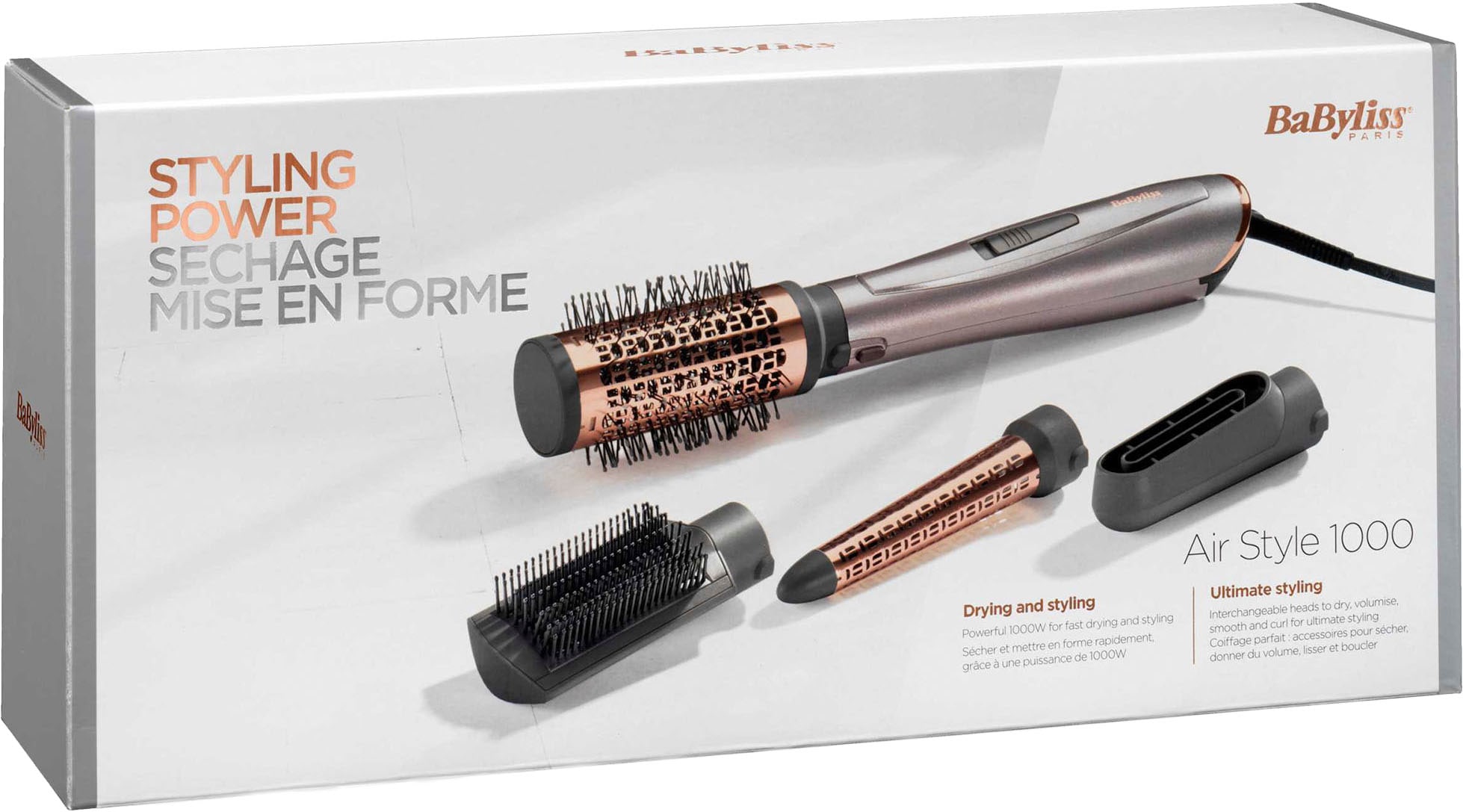 BaByliss Warmluftbürste »Air Style 1000 Warmluftbürste mit 4 Aufsätzen, 1000W, AS136E« 4 Aufsätze 4-in-1 Styler zum Föhnen, Glätten, Locken und für Volumen, Ionen