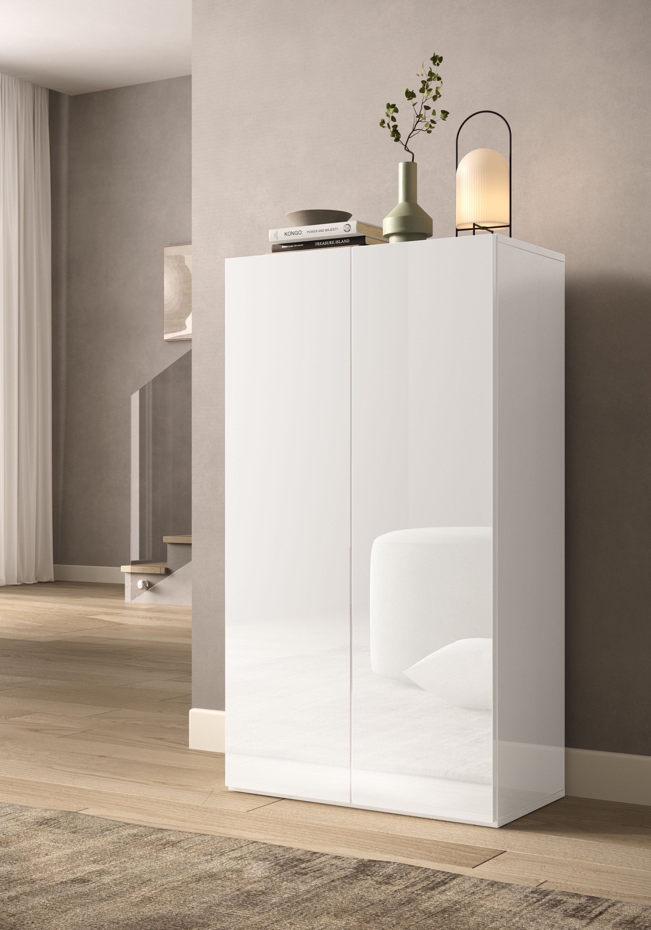 INOSIGN Schuhschrank »SMILE Breite 63 cm, Höhe 114 cm, Schuhregal mit 5 Ebenen,«, Schuhkommode in Weiss Hochglanz Lack