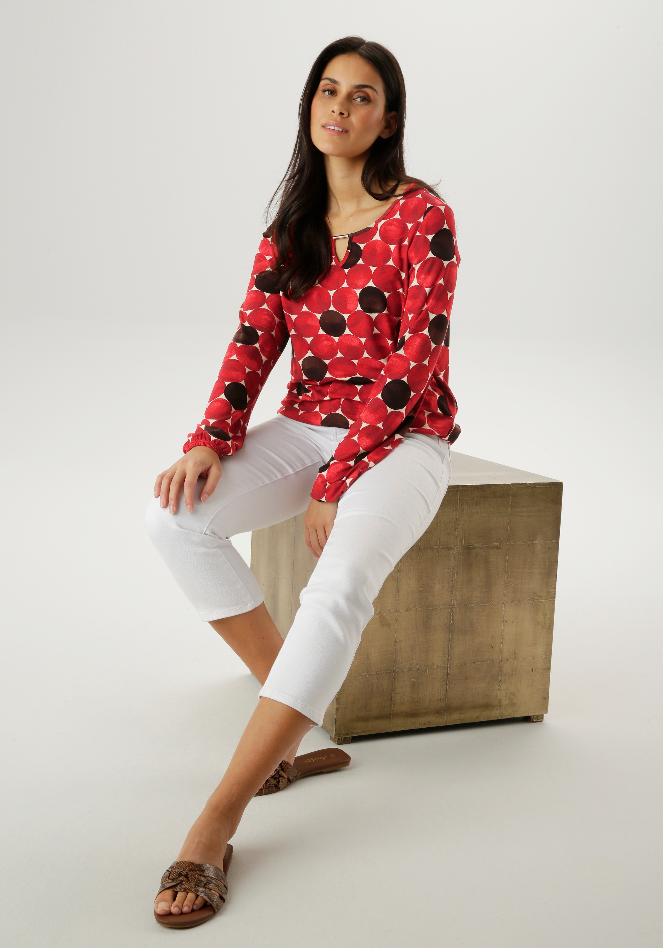 Aniston SELECTED Langarmshirt mit Cut-out und großflächigen Kreis-Druck - NEUE KOLLEKTION