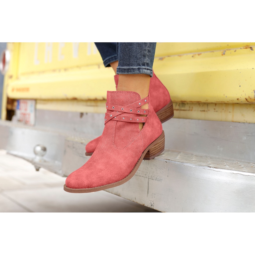 LASCANA Westernstiefelette, Cowboystiefelette, Ankle Boots mit Zierbändern & Blockabsatz VEGAN