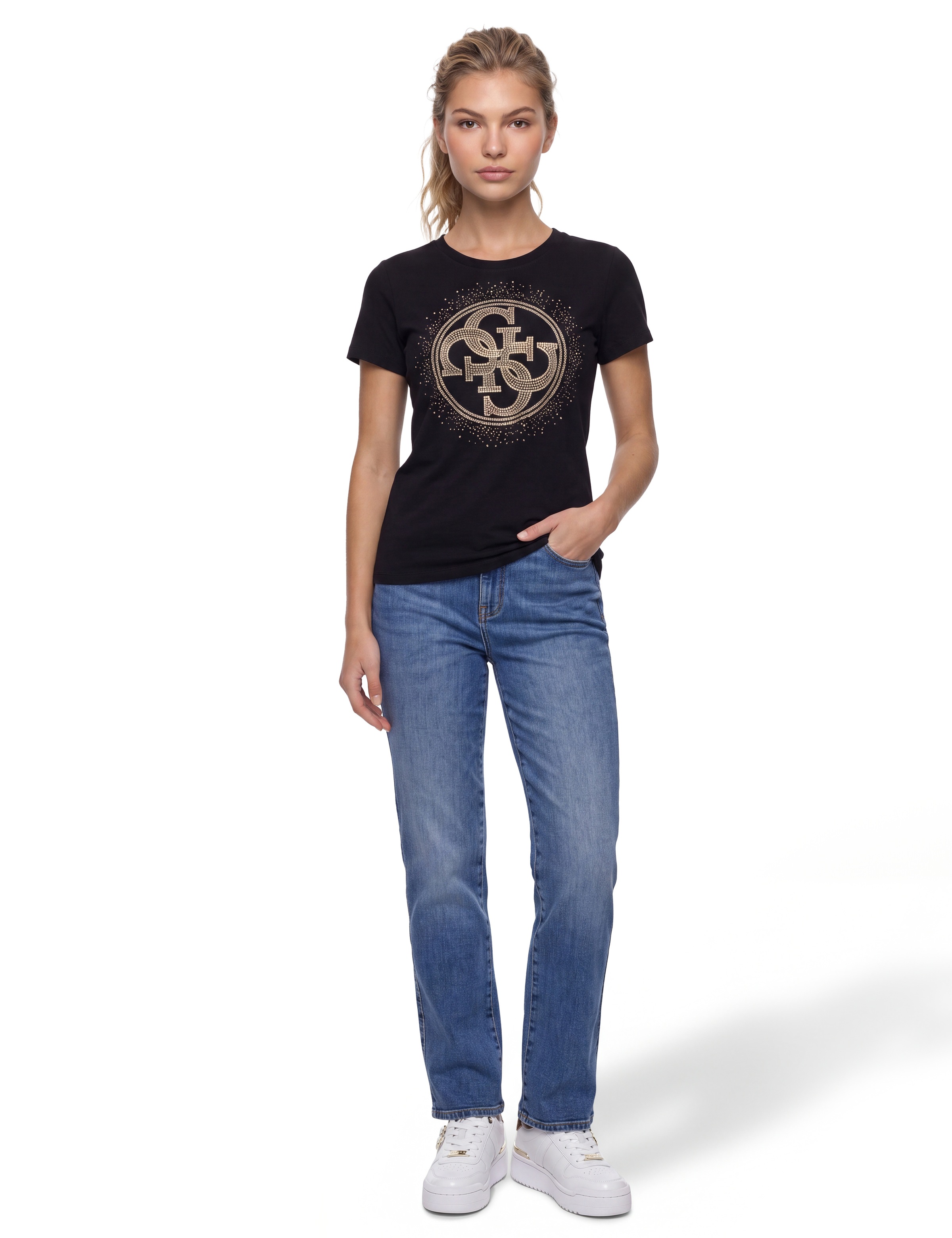 Guess T-Shirt »CN 4G ROUND CRYSTALS LOGO« mit markantem Logodesign, Regular Fit