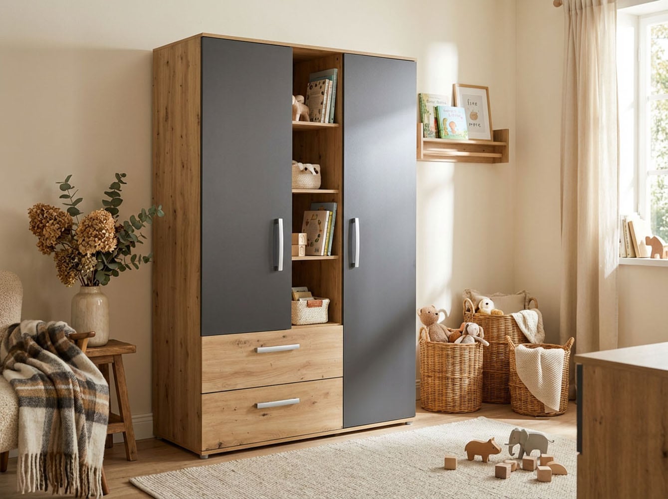 arthur berndt Babyzimmer-Komplettset »Babyzimmer-Set »Alessio« 3-teilig, Anthrazit mit Eiche Artisan Dekor« Set, 