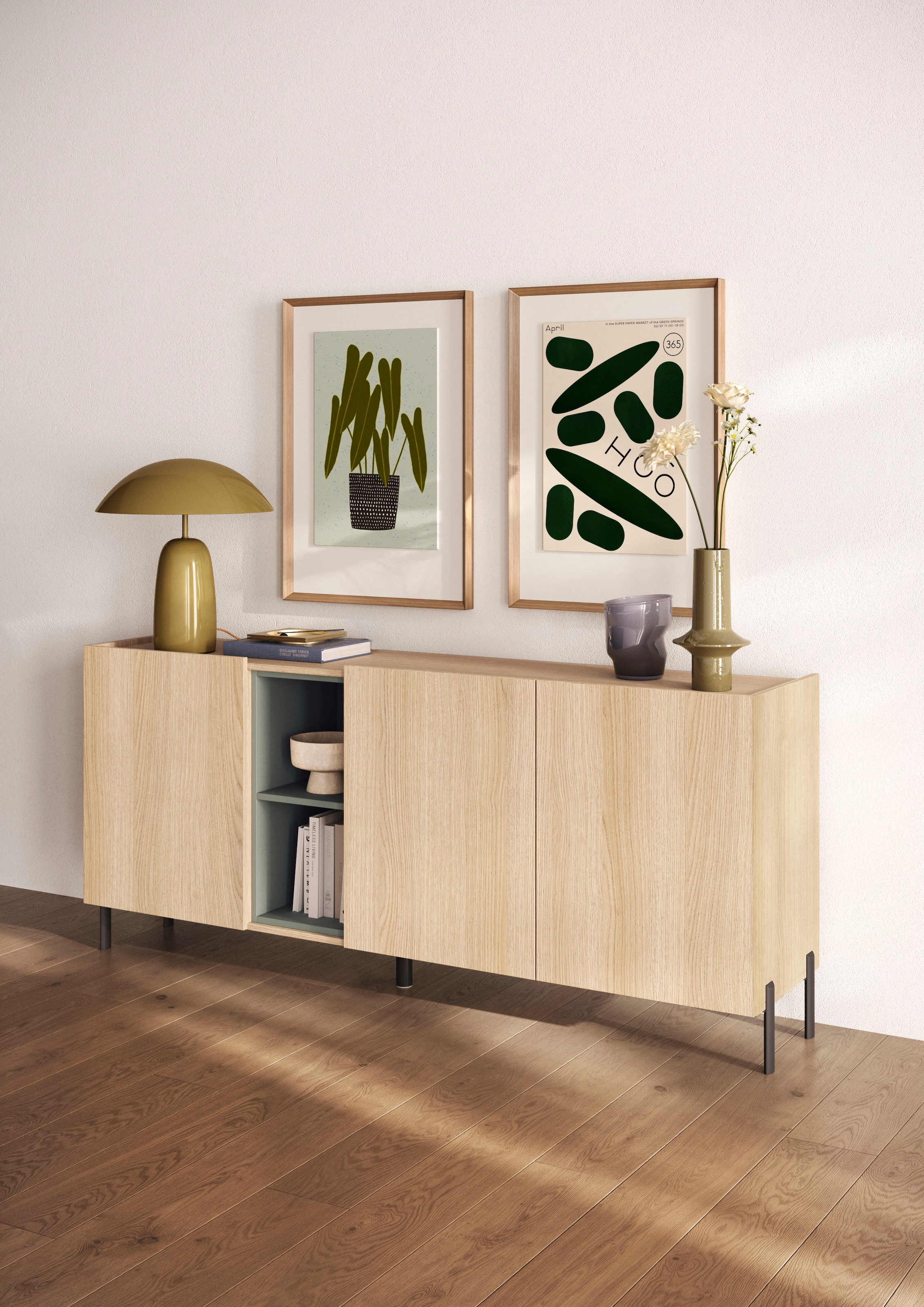 OTTO home Sideboard »Badia, 182 cm breit, 3 Türen, Anrichte, Kommode, Stauraumschrank« Innenliegendes Top, gerade Metallfüße, salbeigrüne Farbakzente