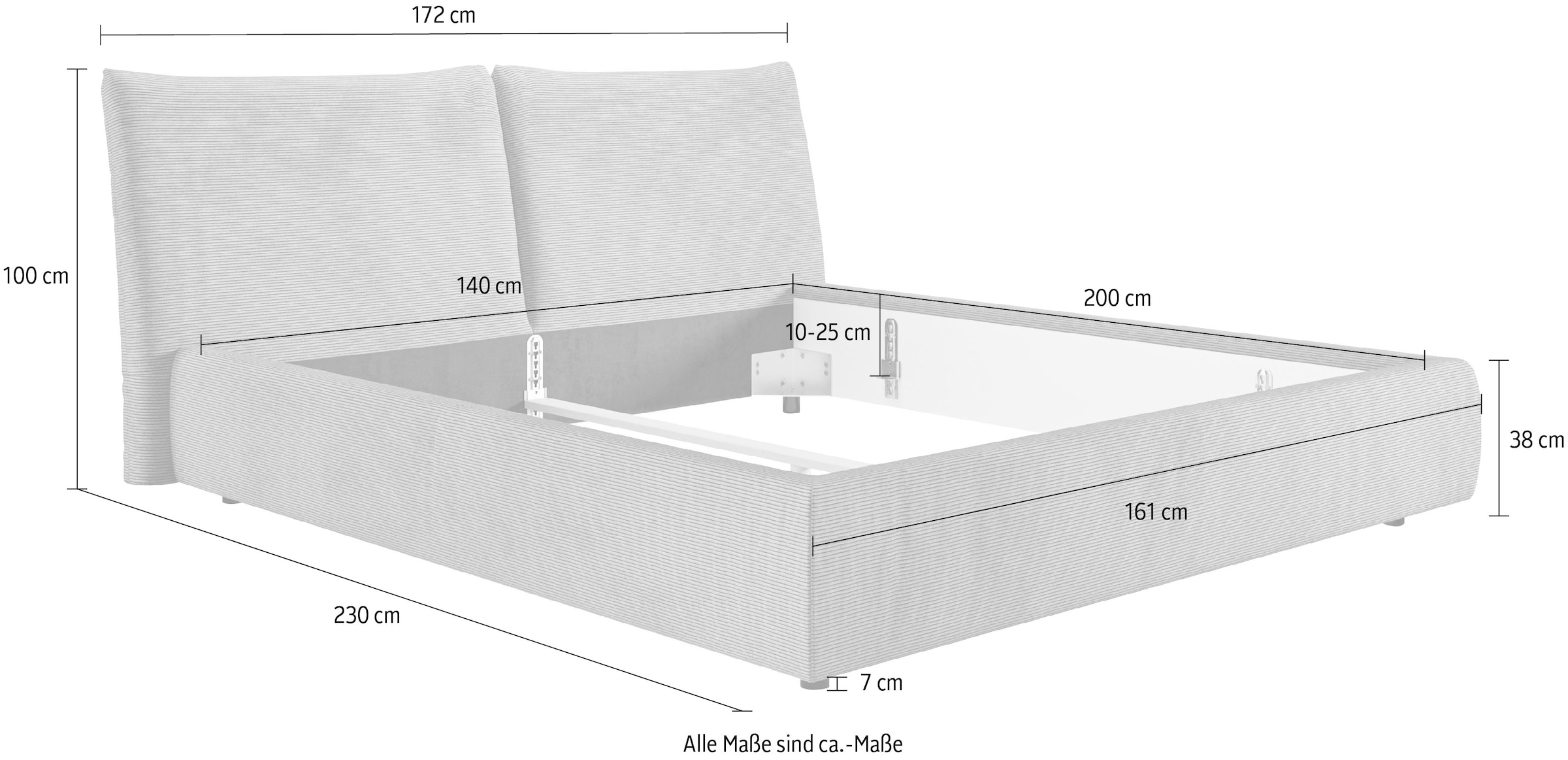 PLACES OF STYLE Polsterbett »Priora in 4 Breiten bis 200cm« auch in NaturLEDER, Cord, belastbar bis 280kg, auch Überlänge 220 cm
