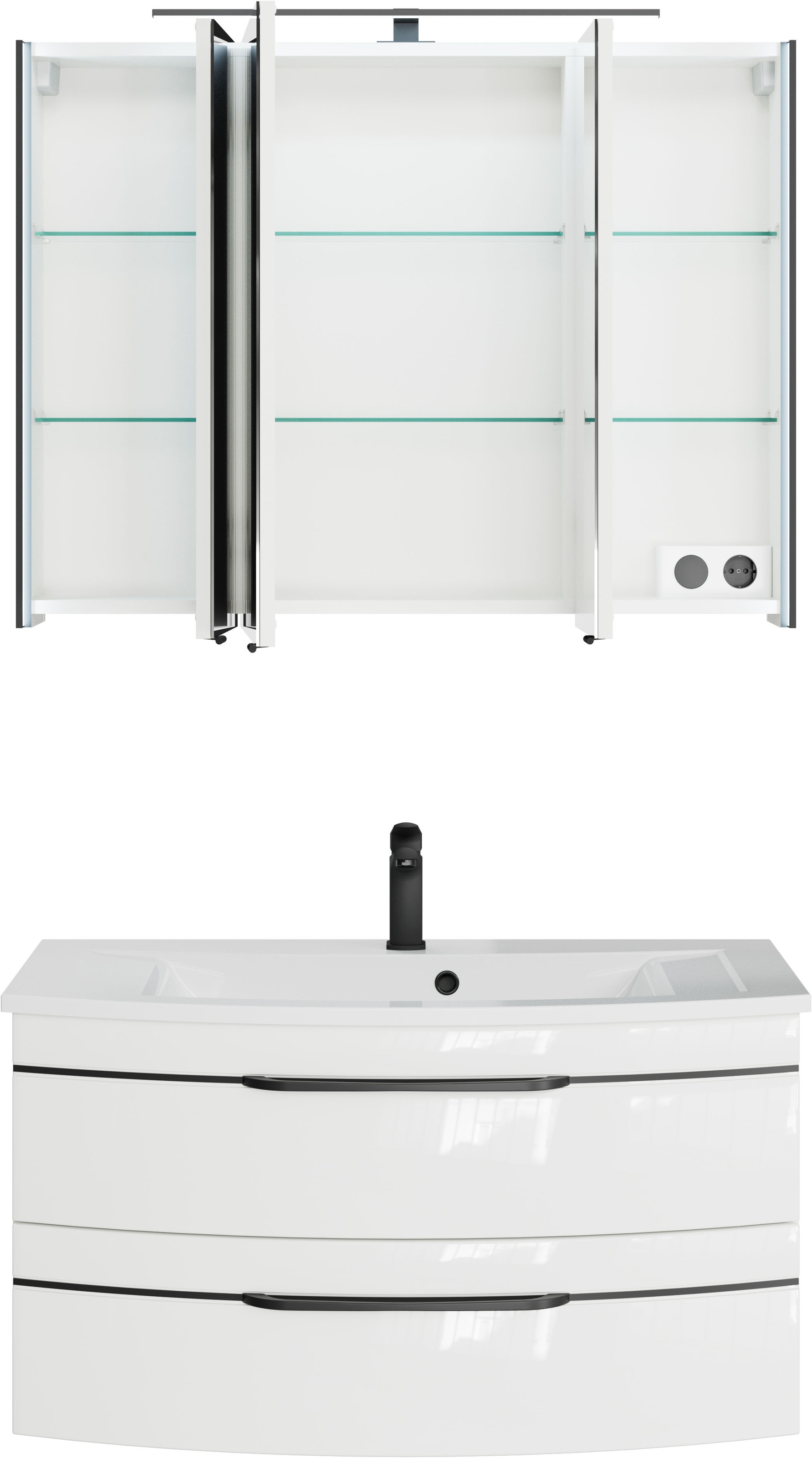 Saphir Badmöbel-Set »Serie 7045 2-teilig Mineralmarmor-Waschtisch mit LED-Spiegelschrank«, (Set, 2 St.), Badezimmer-Set 93,2 cm breit, inkl. Türdämpfer, 3 Türen, 2 Schubladen