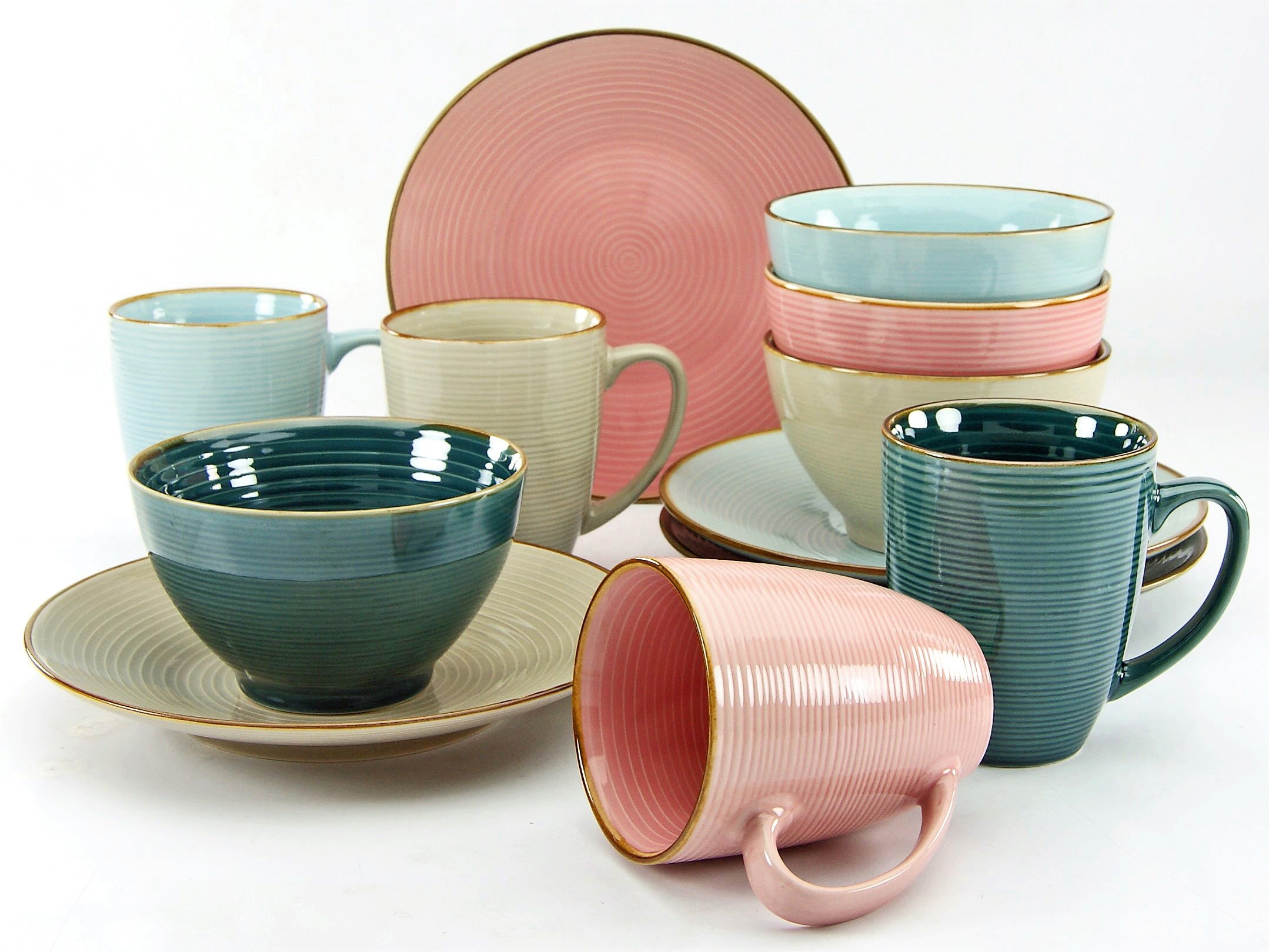 CreaTable Frühstücks-Geschirrset »Service, Cosy Morning (Teller, Schale, Kaffeebecher)«, (Set, 12 tlg., Kaffeebecher, Dessertteller und Müslischalen im Set, für 4 Personen), Kreisstruktur, in Pastell-Farben, 12 Teile, für 4 Personen