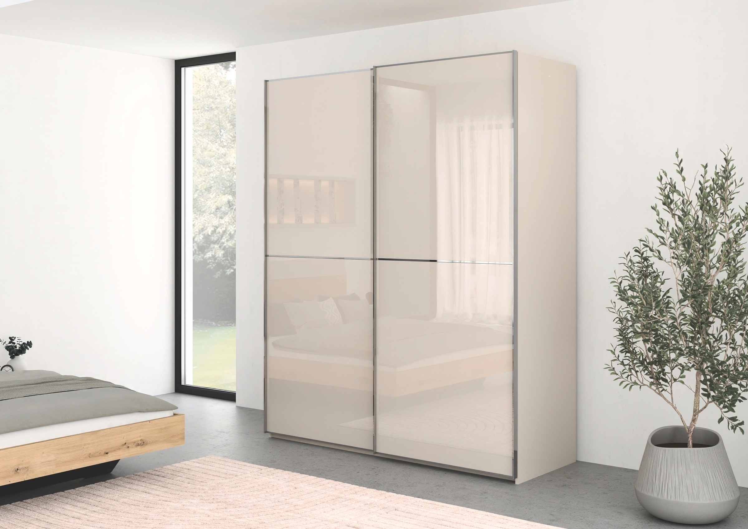rauch Schwebetürenschrank »Kleiderschrank Schrank Garderobe Schlafzimmerschrank SCALE-DUO«, edle zweigeteilte Türen Glas-Front mit 3 Zierleisten MADE IN GERMANY