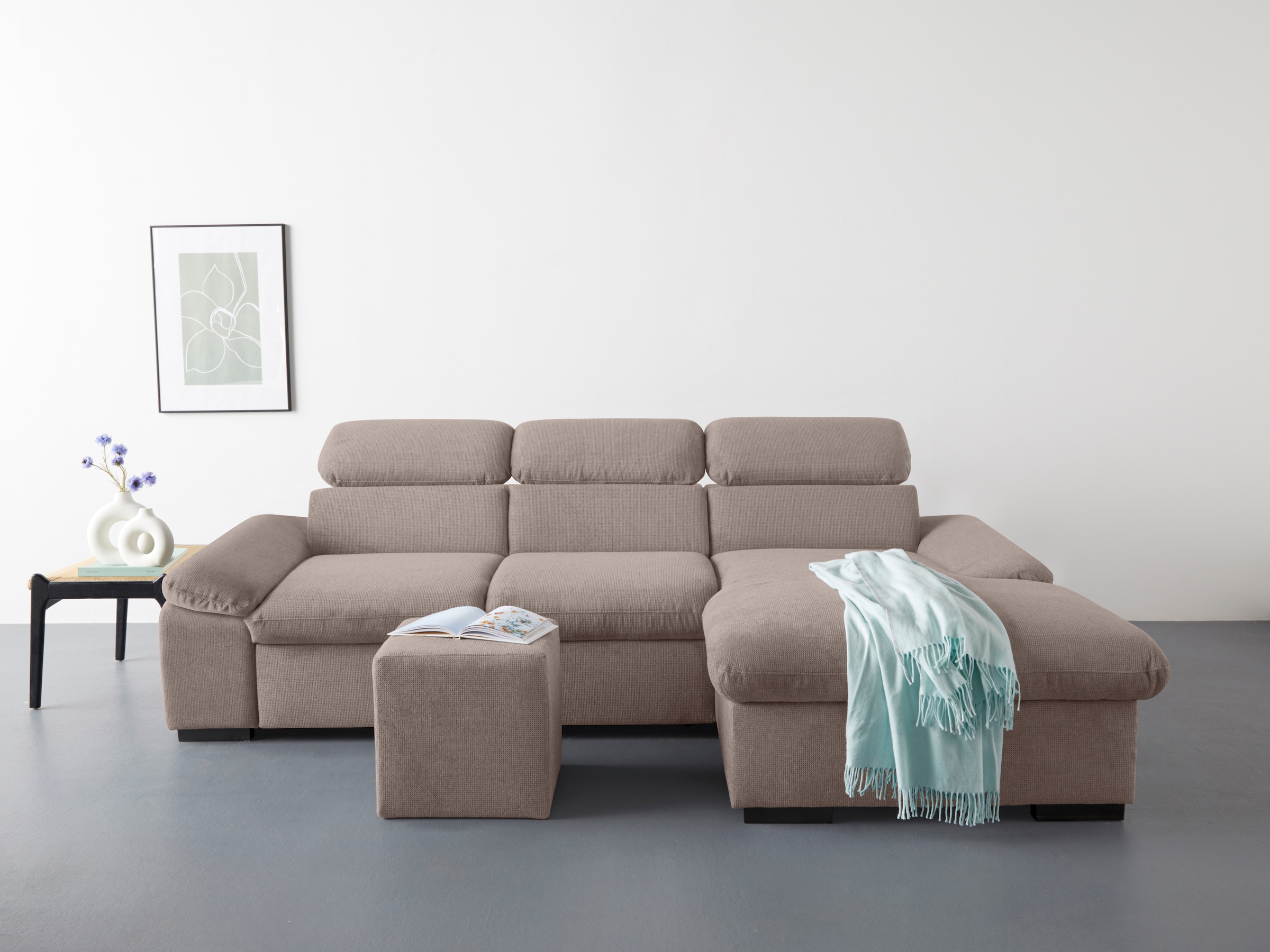 COTTA Ecksofa »Lola L-Form mit Kopfteilfunktion & Hocker«, (Set, mit Hocker), wahlweise mit Bettfunktion, Bettkasten & Armteilverstellung