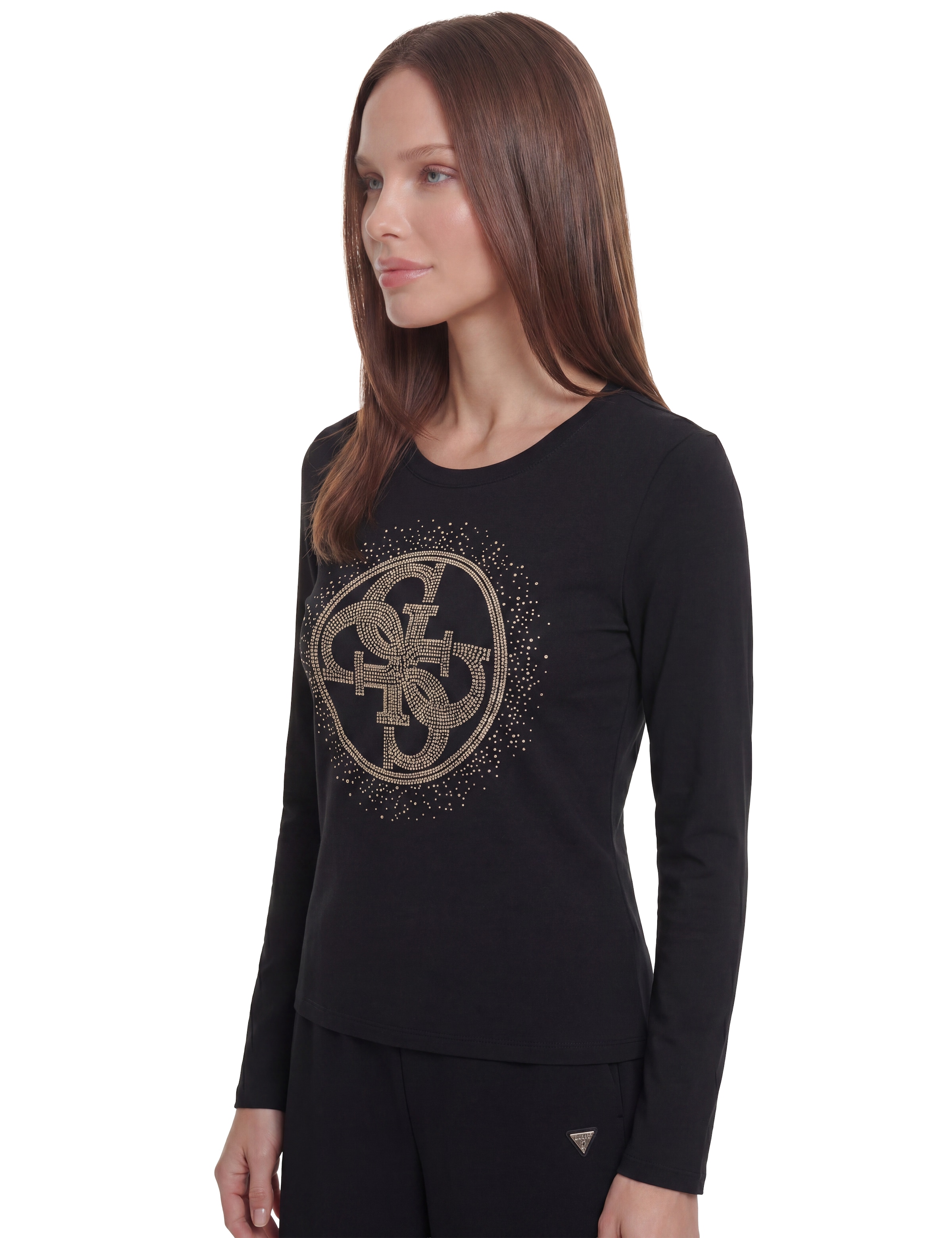 Guess Langarmshirt »LS CN 4G ROUND CRYSTALS LOGO« mit Nietenbesatz, Slim Fit
