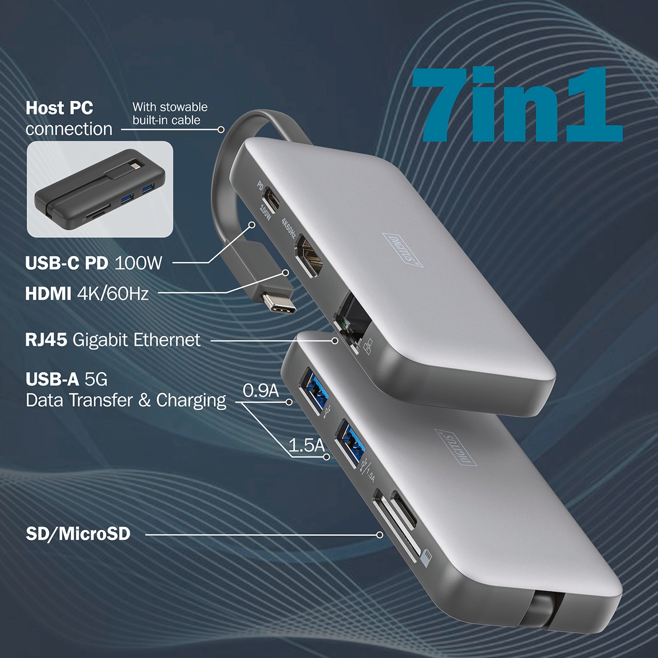 Digitus Laptop-Dockingstation »USB-C Travel Docking Station, 7-Port, HDMI, USB, RJ45«