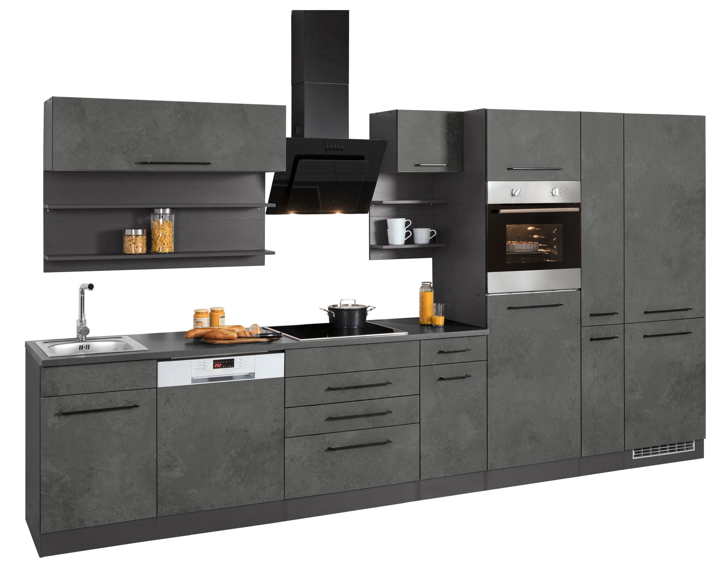 KOCHSTATION Küchenzeile »KS-Tulsa«, mit E-Geräten, Breite 360 cm, schwarze Metallgriffe, MDF Fronten