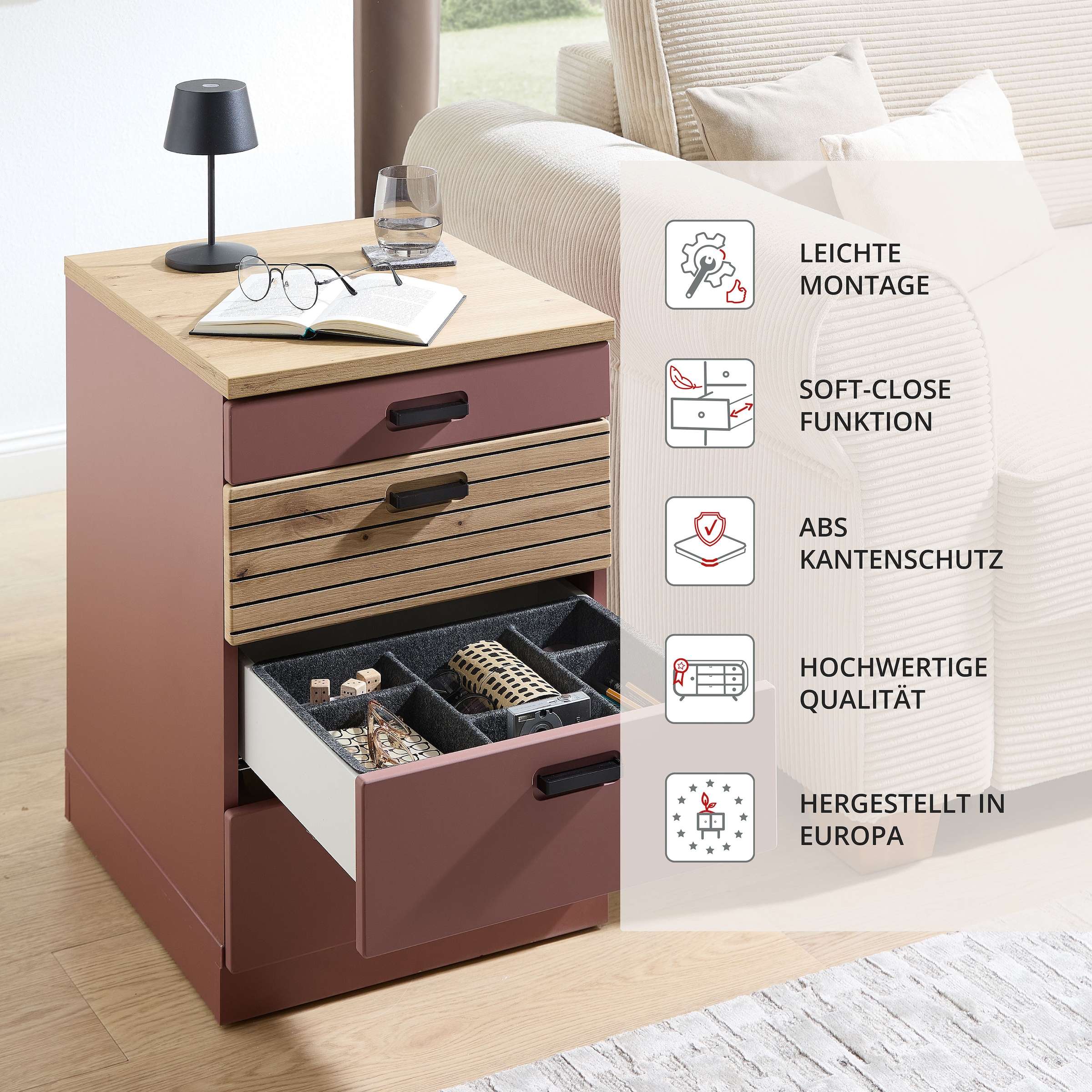 Innostyle Rollcontainer »Nachtkommode Glenn, 45 x 66 x 55 cm (B/H/T)«, (1 St.), inkl. Filzeinlage, 4 Rollen (2 mit Bremsen) oder Sockel, SK Soft-Close