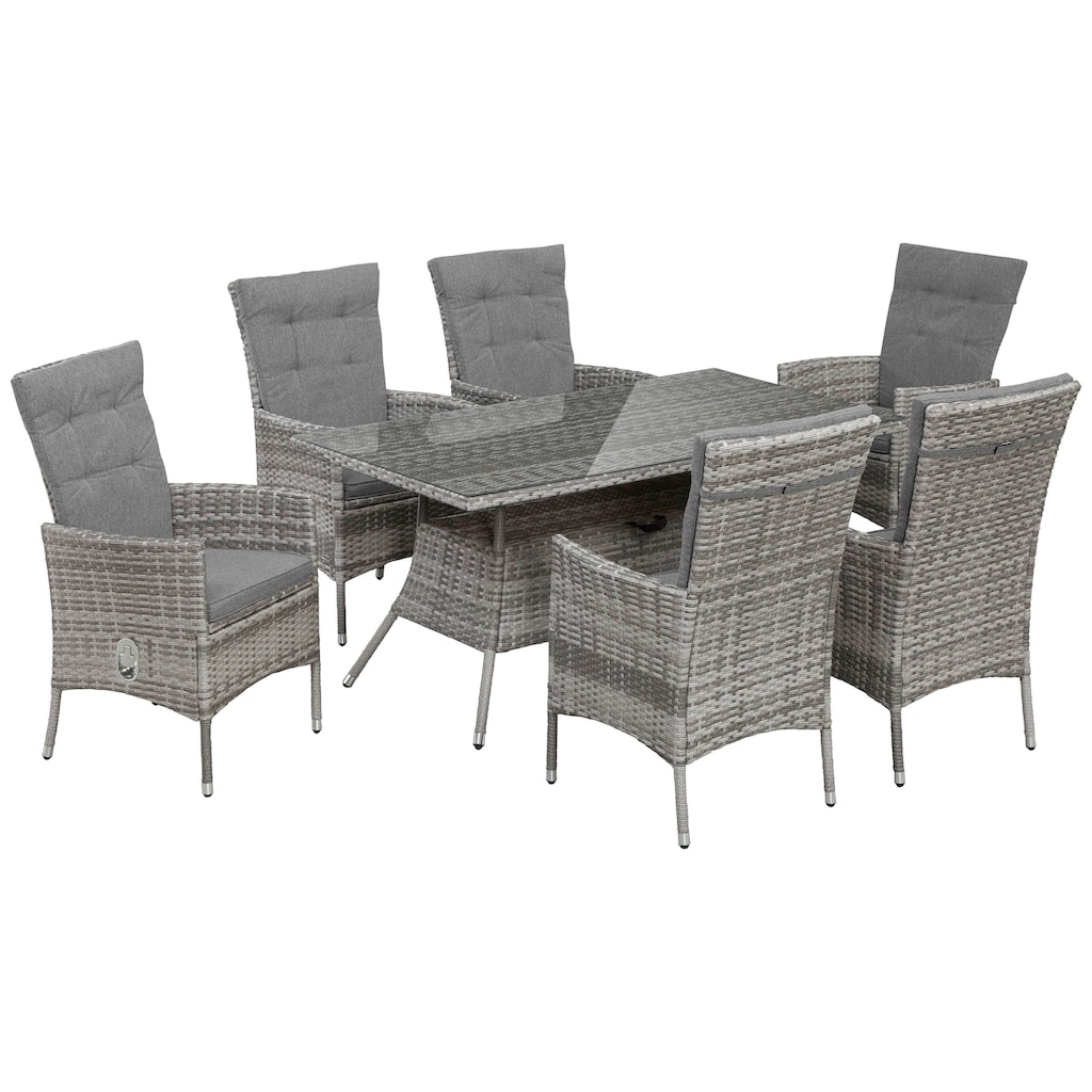 KONIFERA Garten-Essgruppe »Belluno«, (Set, 13 tlg., 6x Sessel, Tisch 150x80x 71,5 cm, Polyrattan, inkl. Auflagen), 2 der 6 Sessel stufenlos verstellbar, Stauraum unter dem Tisch, Grau