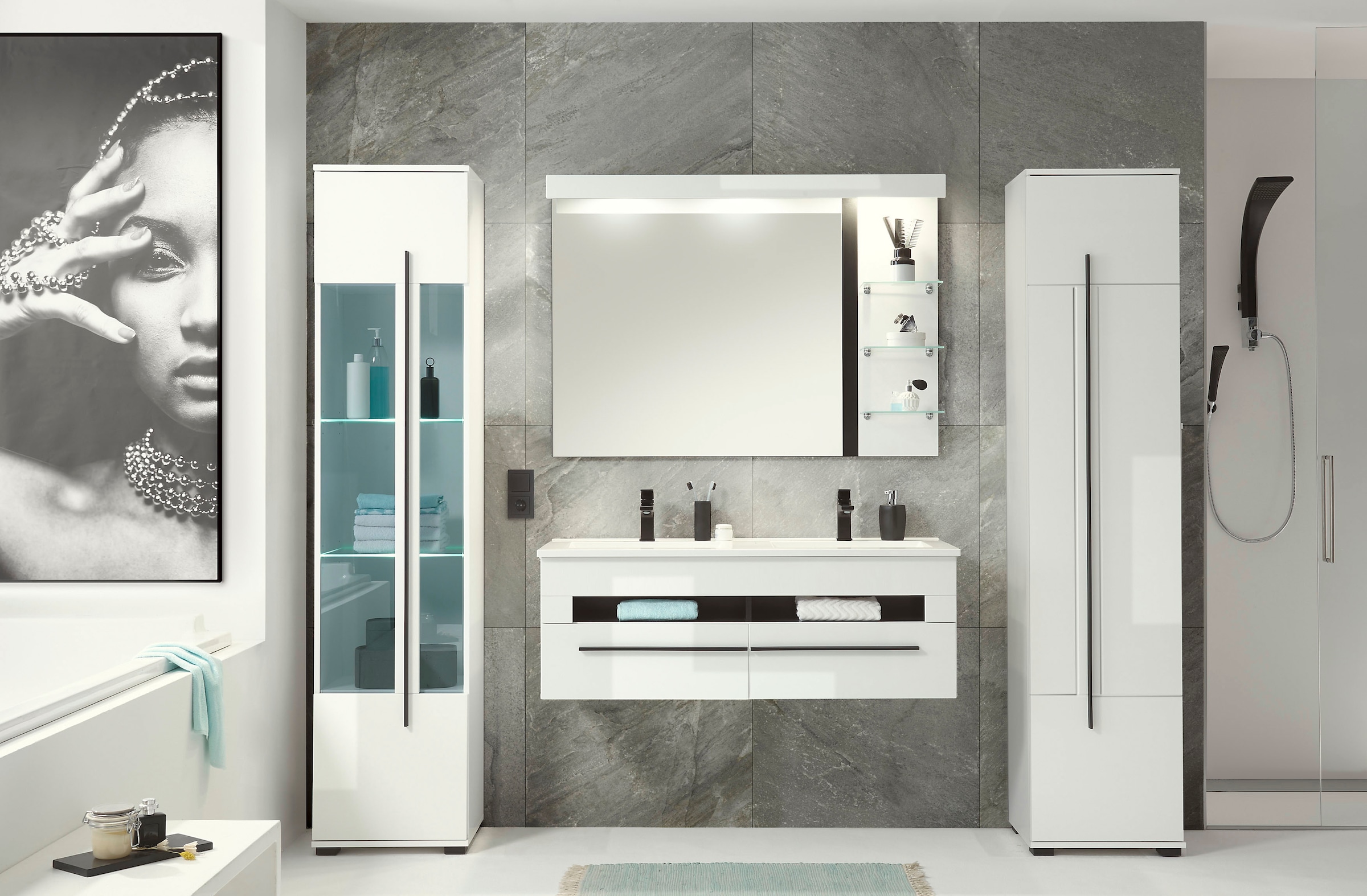 INOSIGN Hochschrank »Cantara, Badschrank in Hochglanz Weiß, Hochschrank im modernen Design«, mit schwarzen Griffen, ausreichend Stauraum