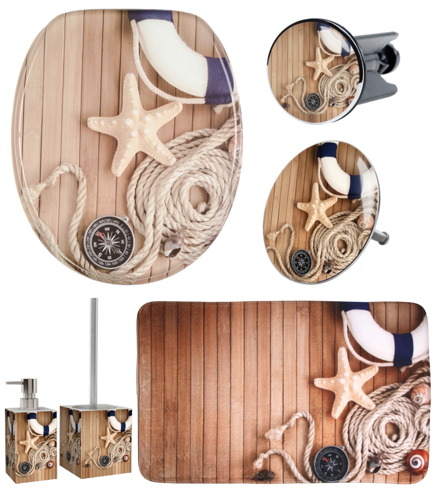 Sanilo Badaccessoire-Set »Maritime«, (Komplett-Set, 6 tlg.), bestehend aus WC-Sitz, Badteppich, Stöpsel, Seifenspender, WC-Bürste