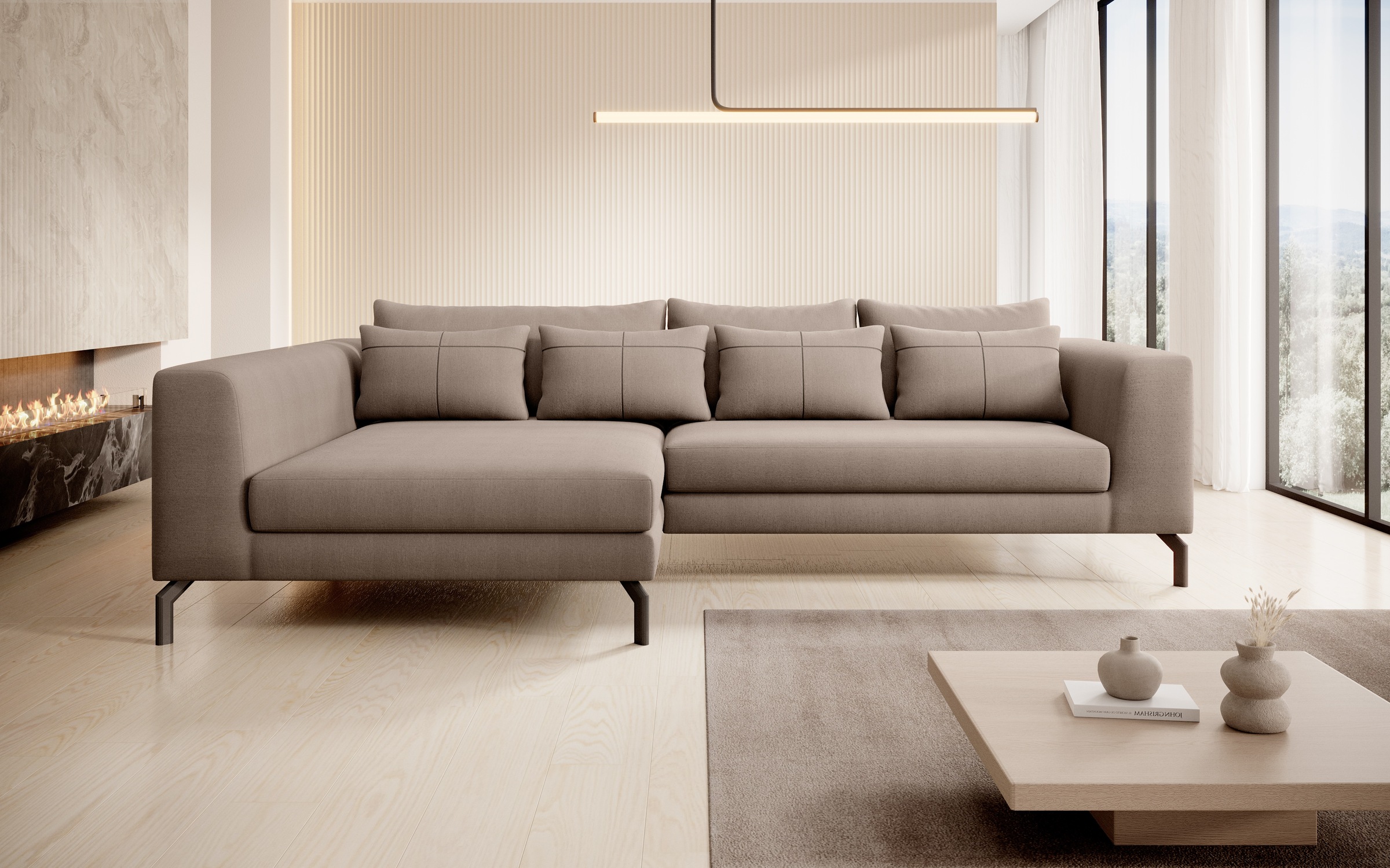 INOSIGN Ecksofa »Cross, mit softem Sitz, L-Form, wendbare Zierkissen, Breite 284 cm«, Couch mit vielen Kissen, stylische Kreuznaht, elegante Metallfüße
