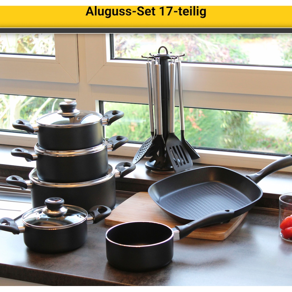 Krüger Topf-Set »Aluguss Topf- und Pfannenset inkl. praktischen Küchenhelfern, 17 tlg.«, Aluminiumguss, (Set, 17 tlg., Fleischtopf 16/18/20/24cm, Stieltopf 16cm Steakpfanne 7 T.Küchenhelfer)