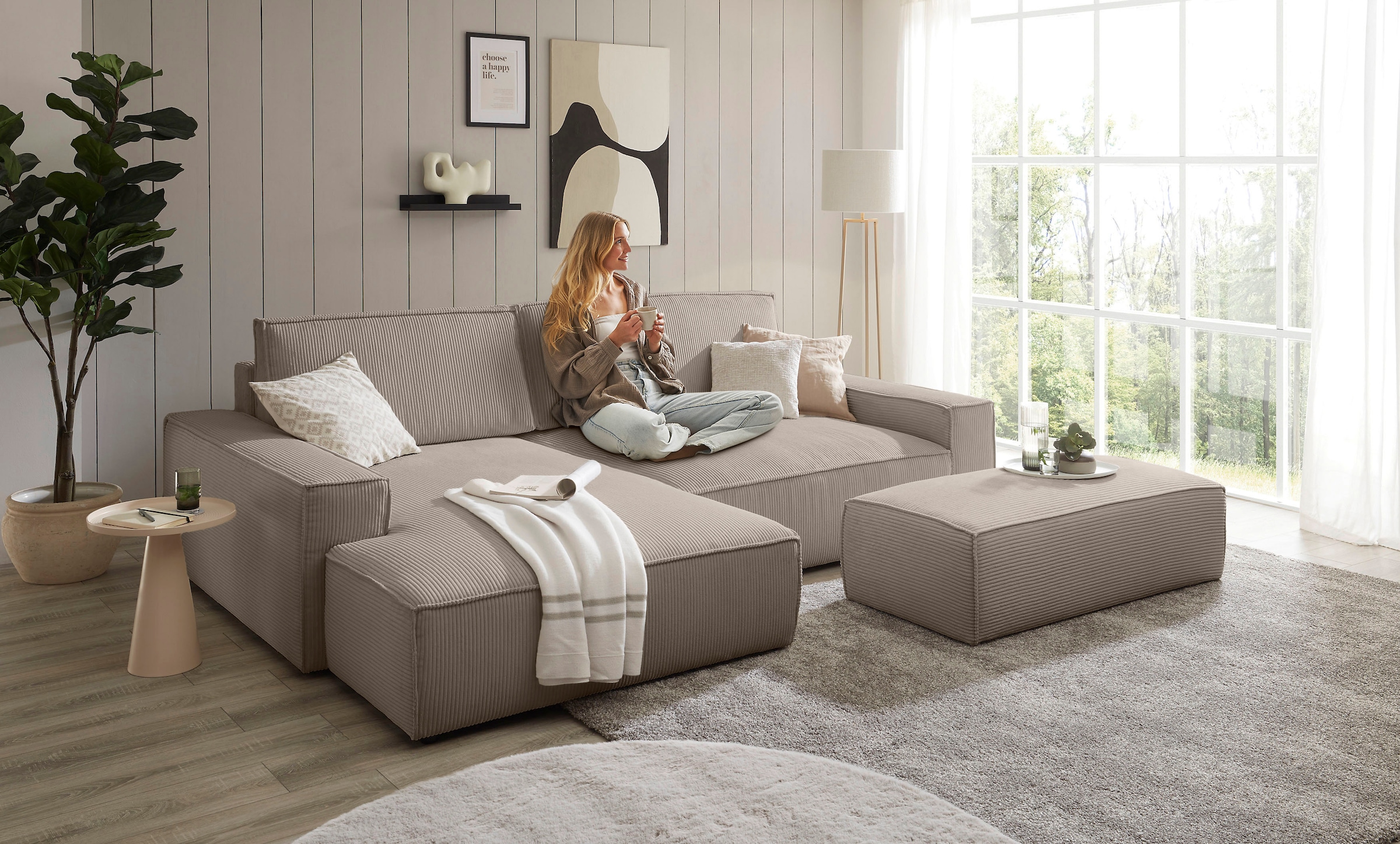 Home affaire Polsterecke »NEU: SHERWOOD XXL tief, L-Form mit Schlaffunktion, Big-Sofa mit Hocker«, (Set, 2 St.), stellbar zum Schlafsofa (Krokodilverbinder), Cord, Leinenoptik