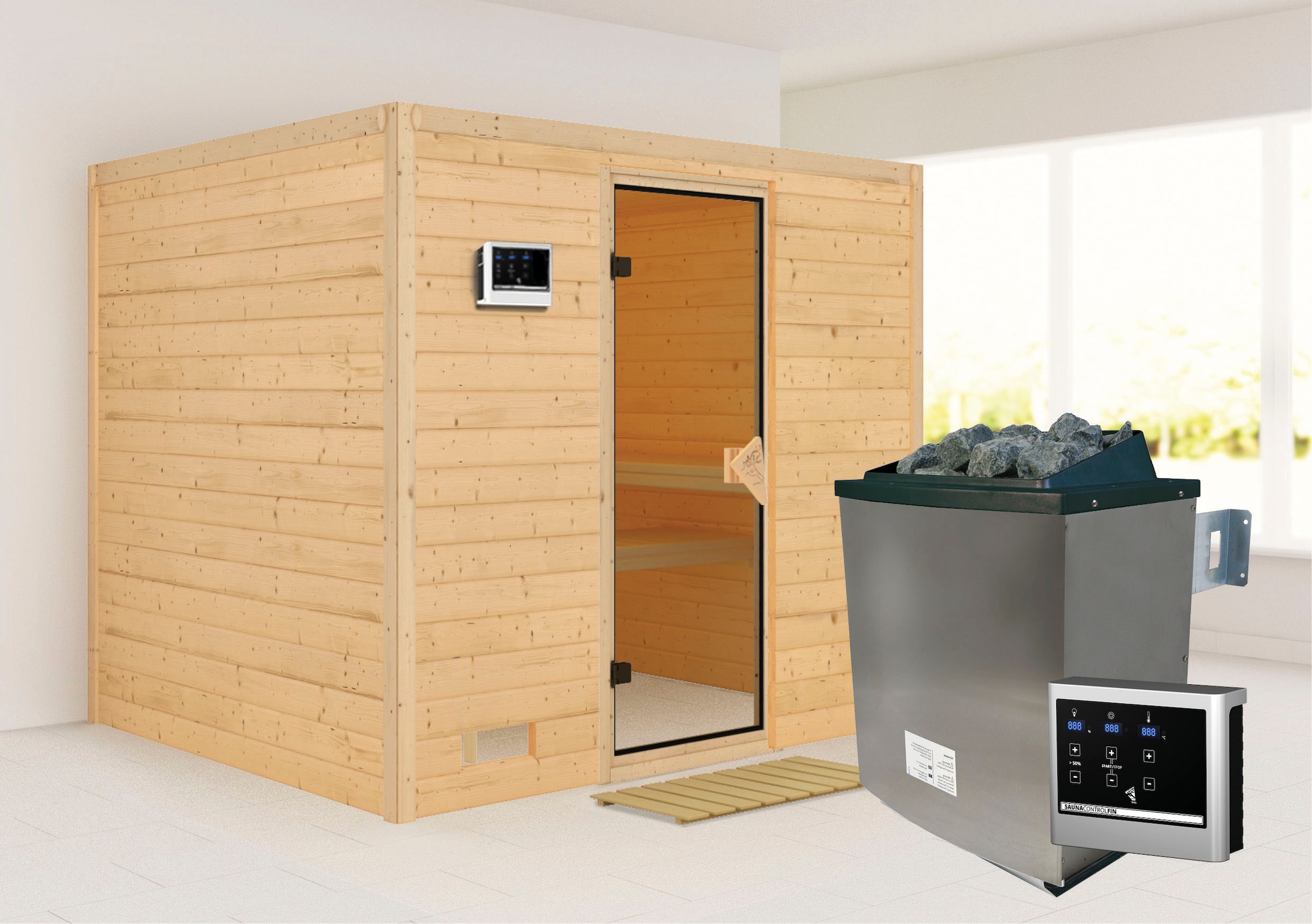 Karibu Sauna »Soraja« Set, 9-kW-Ofen mit externer Steuerung günstig online kaufen