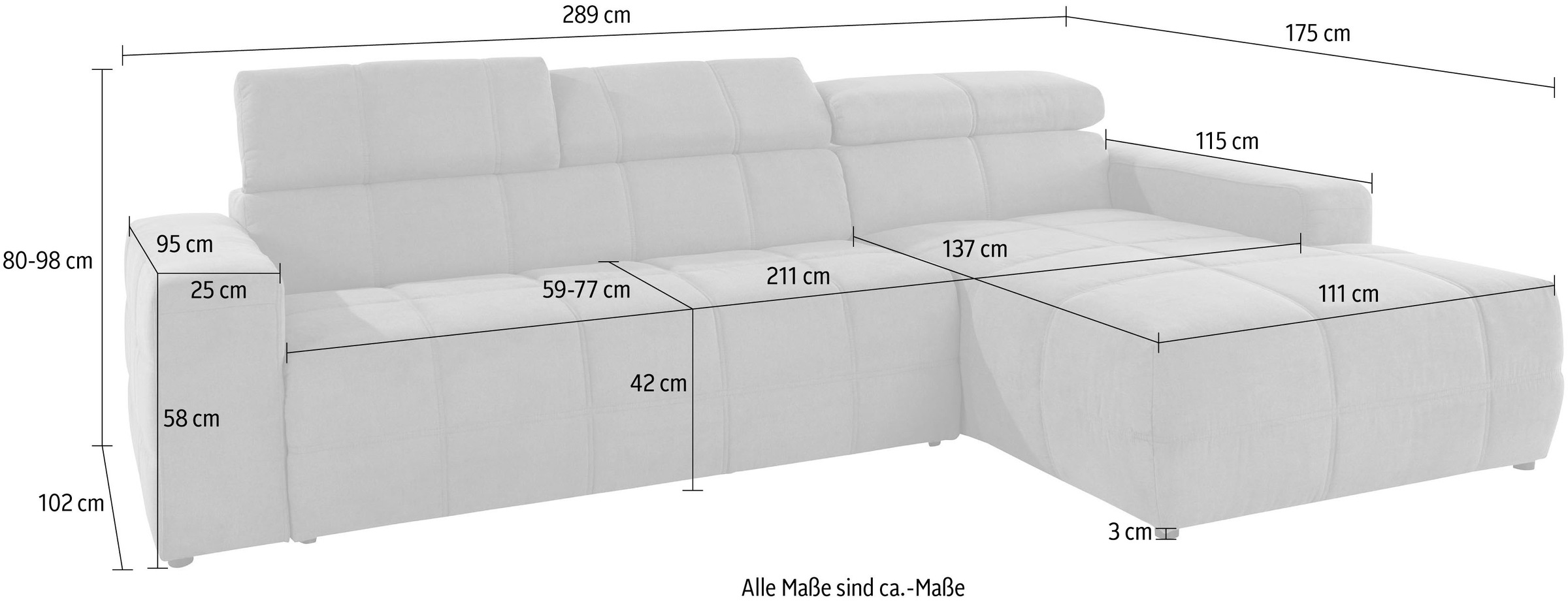 DOMO collection Ecksofa »Brandon große Ausführung B/T/H: 289/177/80 cm, auch in Leder und Cord«, mit Kopfteilverstellung, wahlweise Sitztiefenverstellung, L-Form