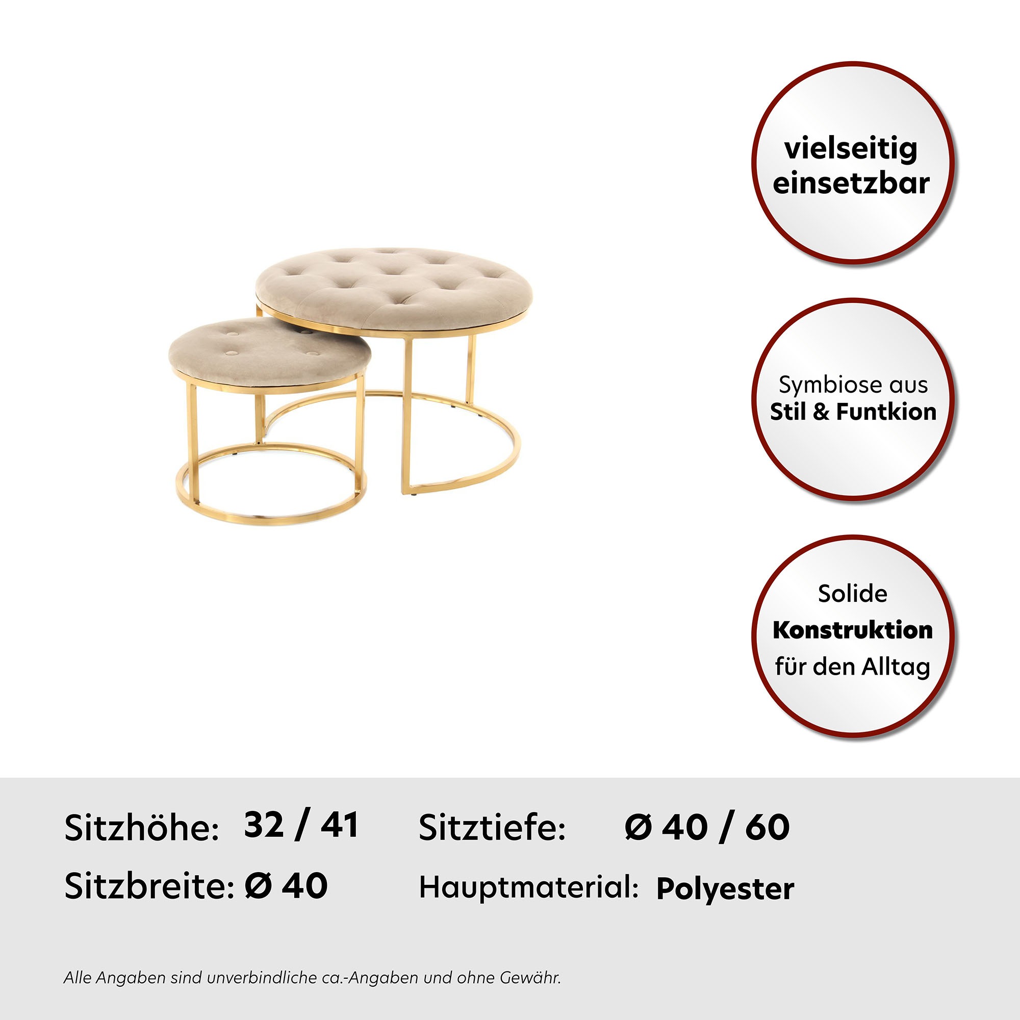 Kayoom Sitzhocker »Hocker Myla 2er-Set, praktisch ineinander schiebbar«, (Set, 2 St.), ineinander schiebbar, rund, gesteppt, mit Zierknöpfen