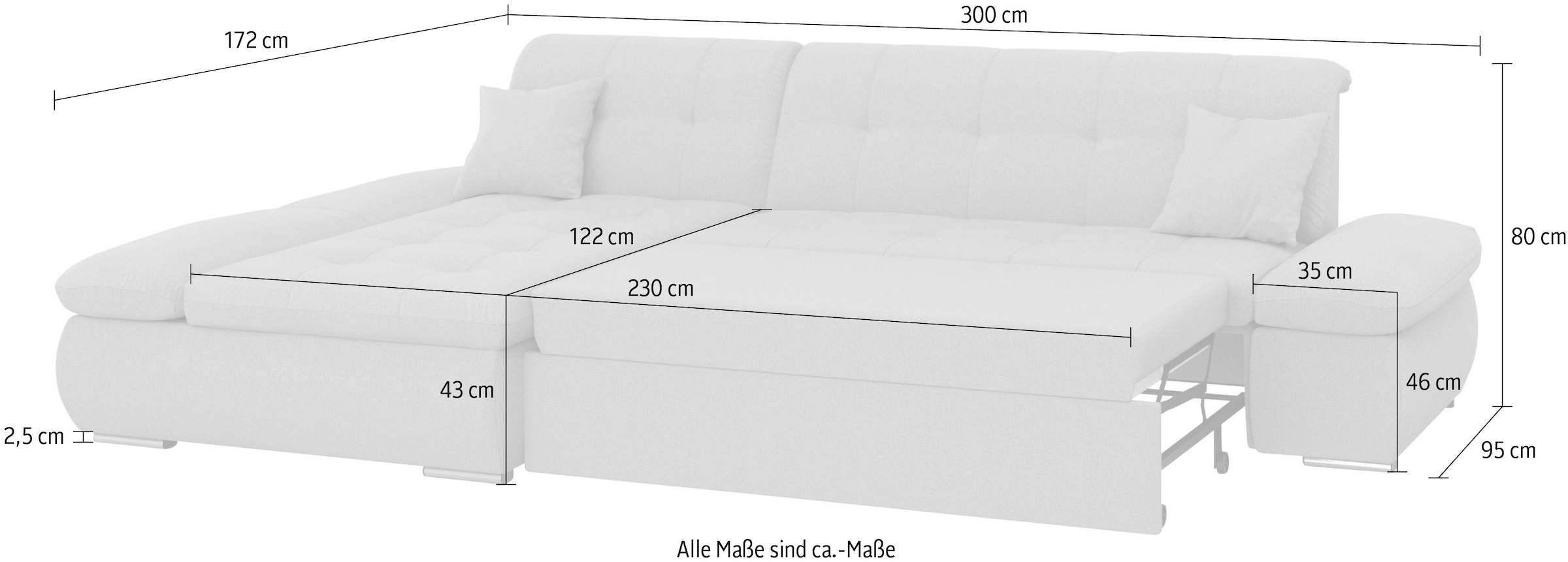 DOMO collection Ecksofa »Moric, L-Form, XXL-Sofa - Breite 300cm«, wahlweise mit Bettfunktion und Armteilverstellung, grau-beere