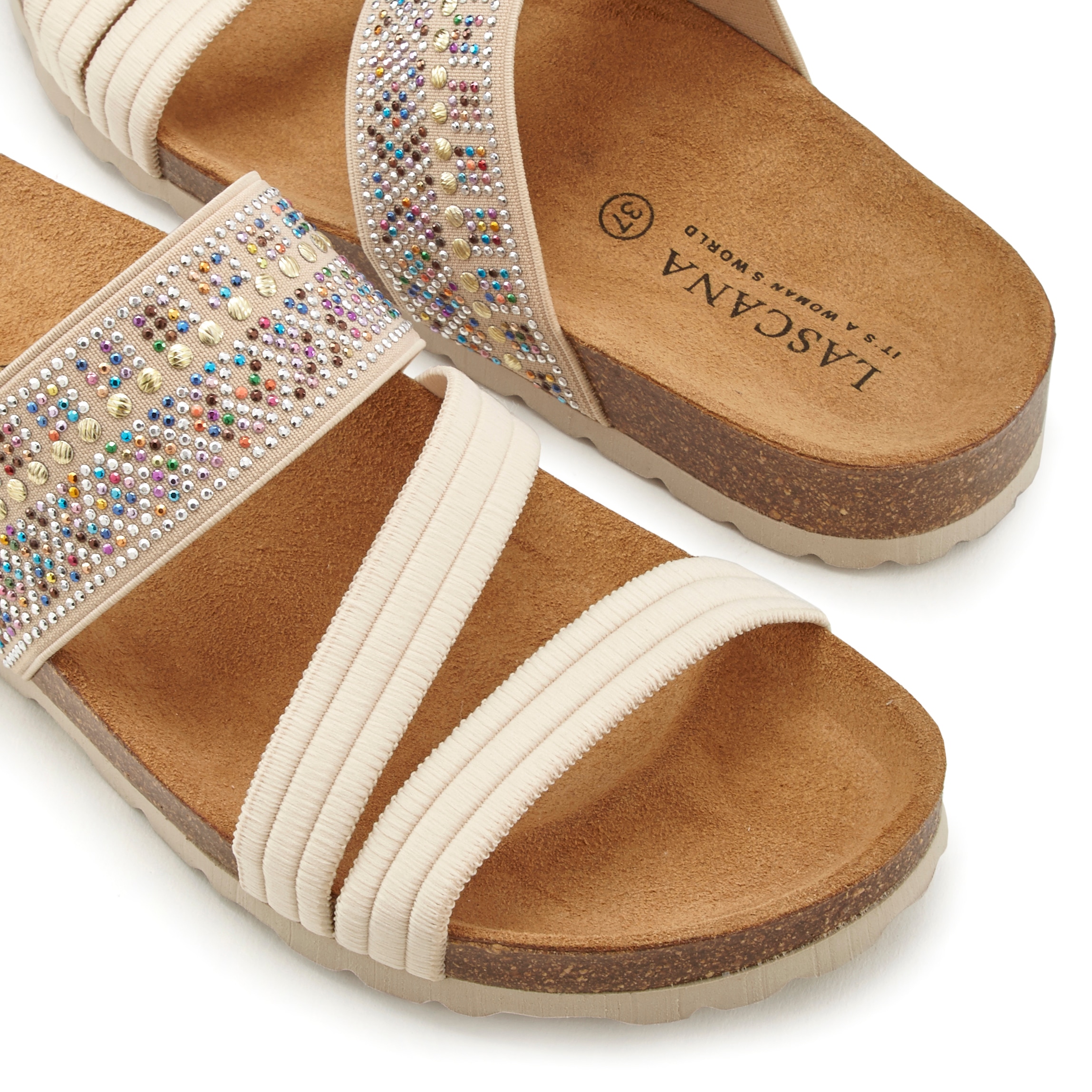 LASCANA Pantolette »Mule, Sandale, offener Schuh, Sommerschuh,«, mit Komfortkorkfußbett aus Leder und elastischen Riemen